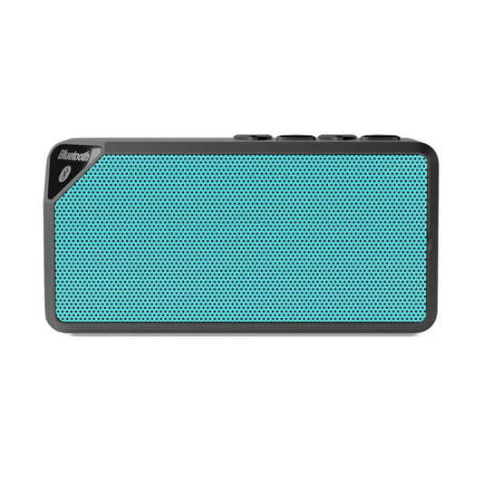 Teal Bluetooth speaker with durable ABS plastic design, ideal for road trips and parties, featuring 33-foot range and rechargeable battery.