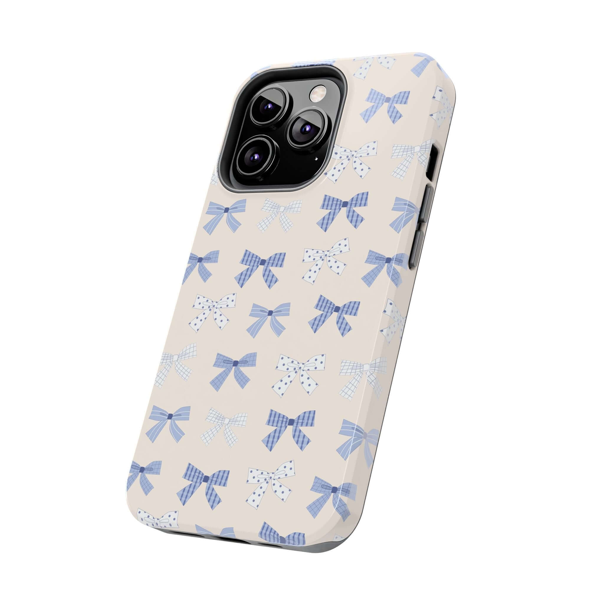 Cute phone case with blue bows for iPhone 16, perfect for brides-to-be, featuring a playful and girly design.