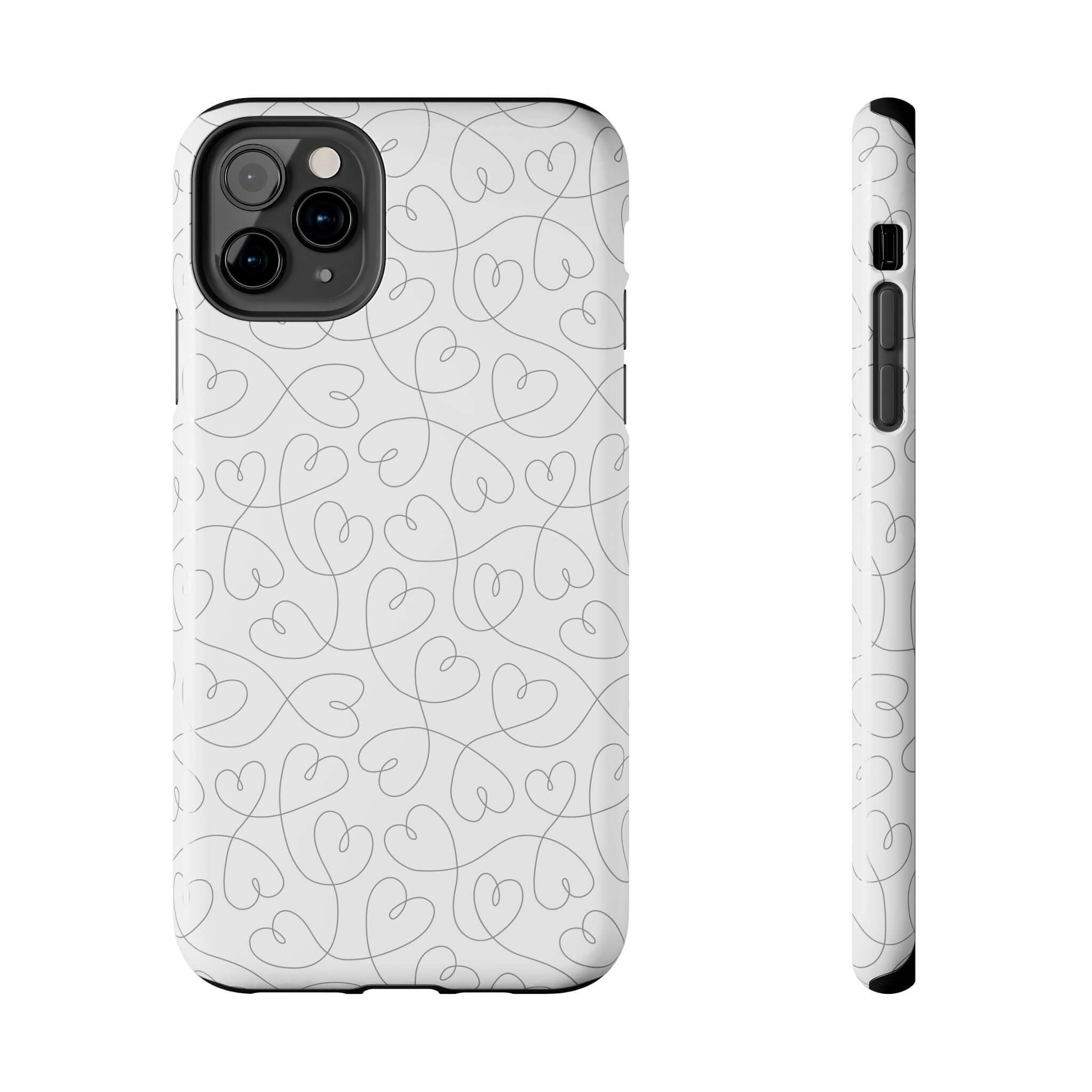 Silver Hearts Romance iPhone 14 Pro Max case with abstract heart design for weddings and brides, cute phone case on a silver background