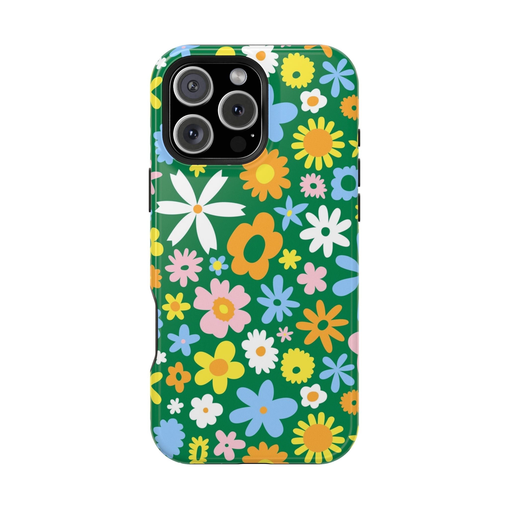 Vibrant floral MagSafe iPhone case with playful hippie design, featuring green background and colorful flowers. Cute phone cover.