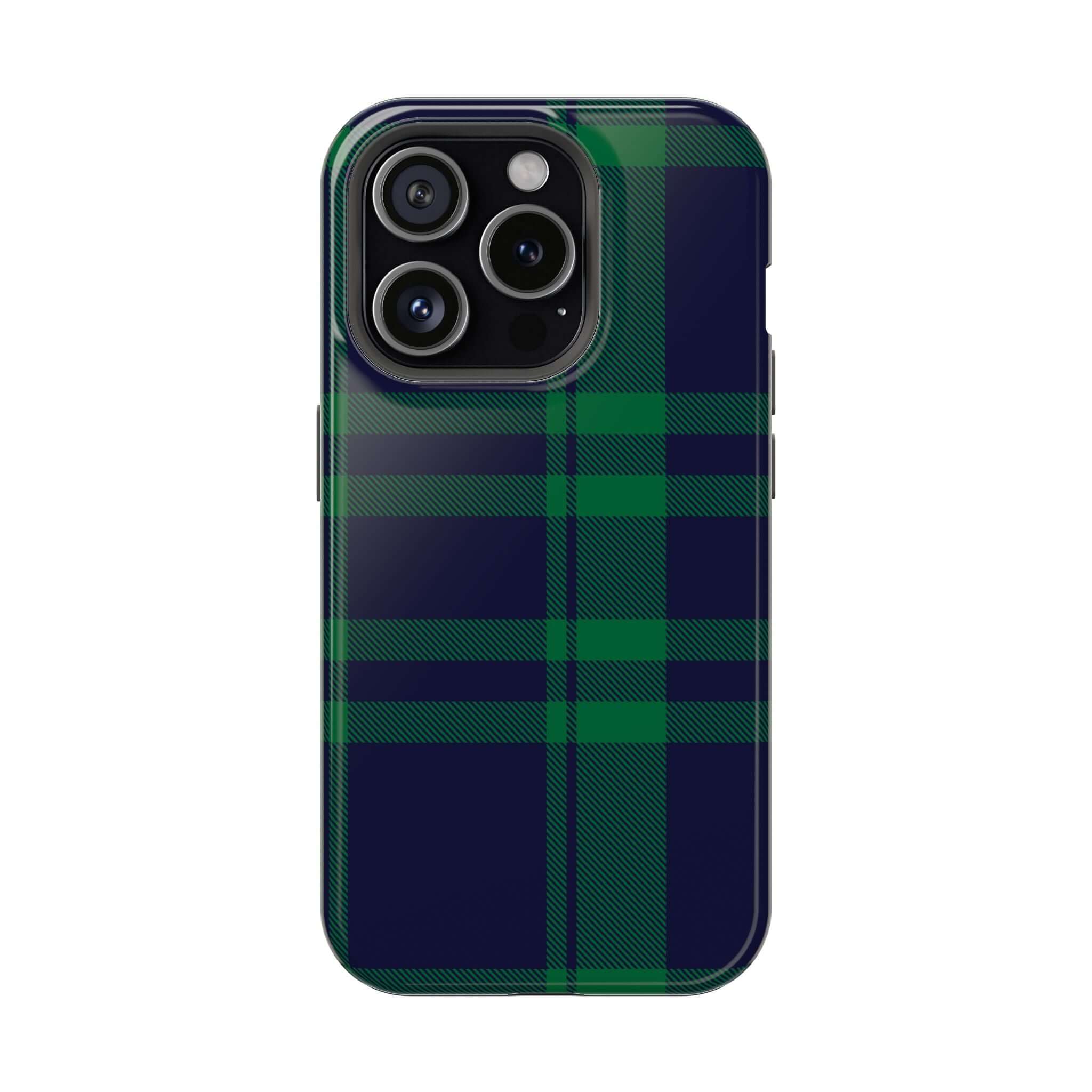 Cute Mistletoe Plaid MagSafe case for iPhone, featuring festive green and navy plaid pattern. Perfect holiday phone cover!