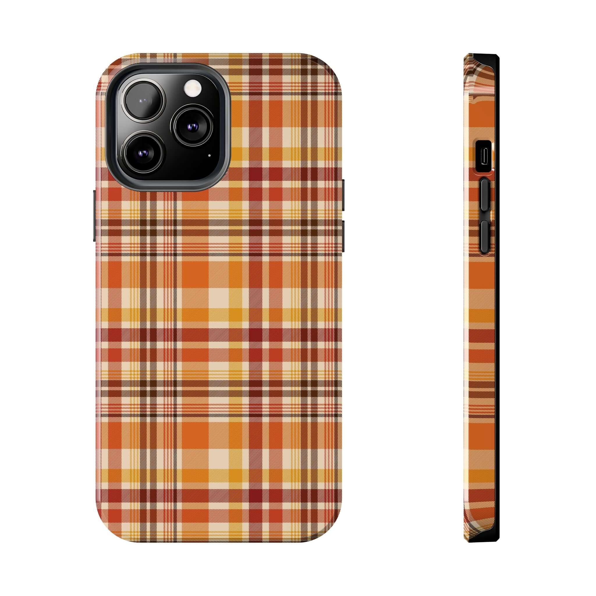 Autumn Air fall plaid iPhone case with orange and brown plaid design, perfect cute Halloween phone case for fall protection and style.