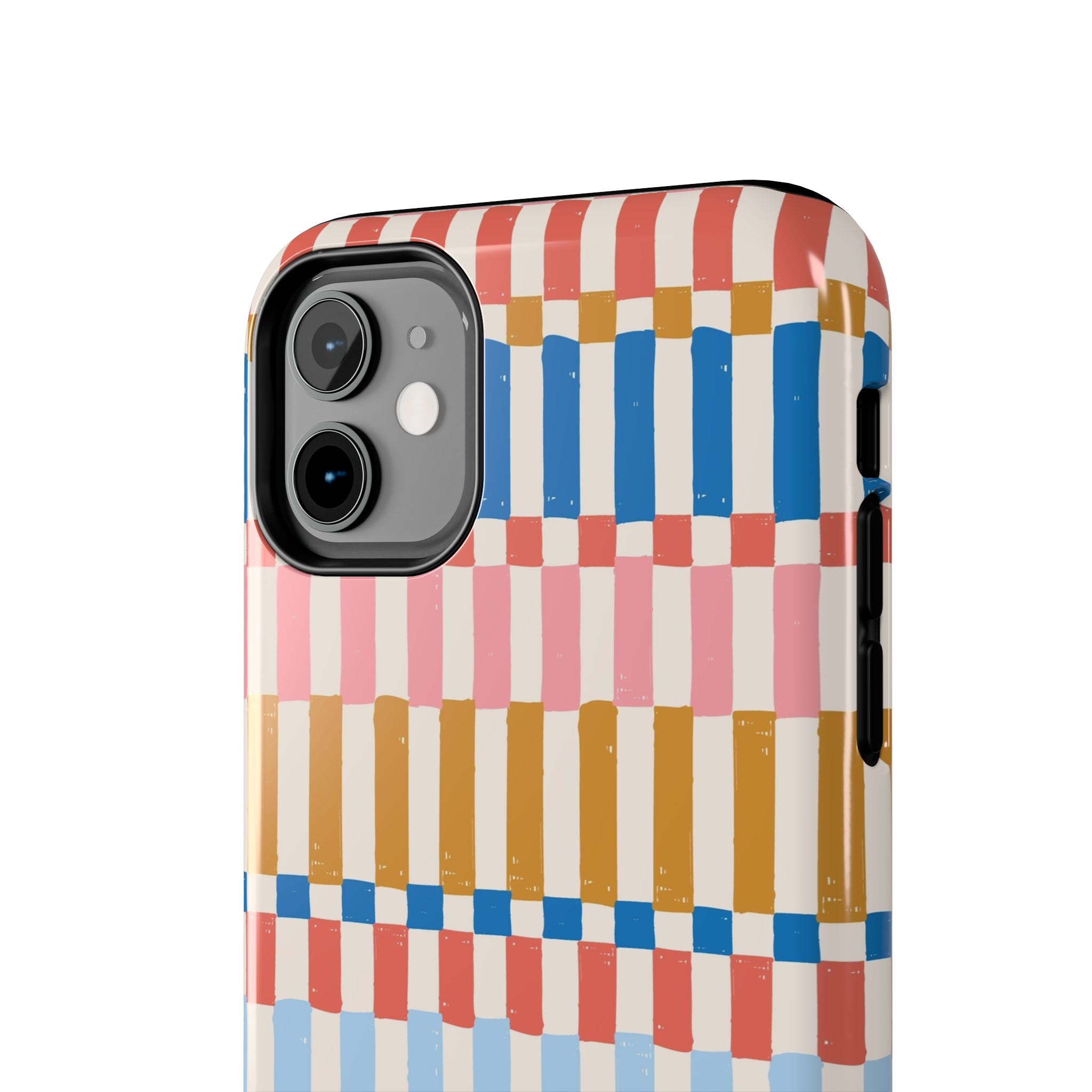 Cute vintage iPhone case with multicolor stripes. Stylish and protective phone cover for iPhone.