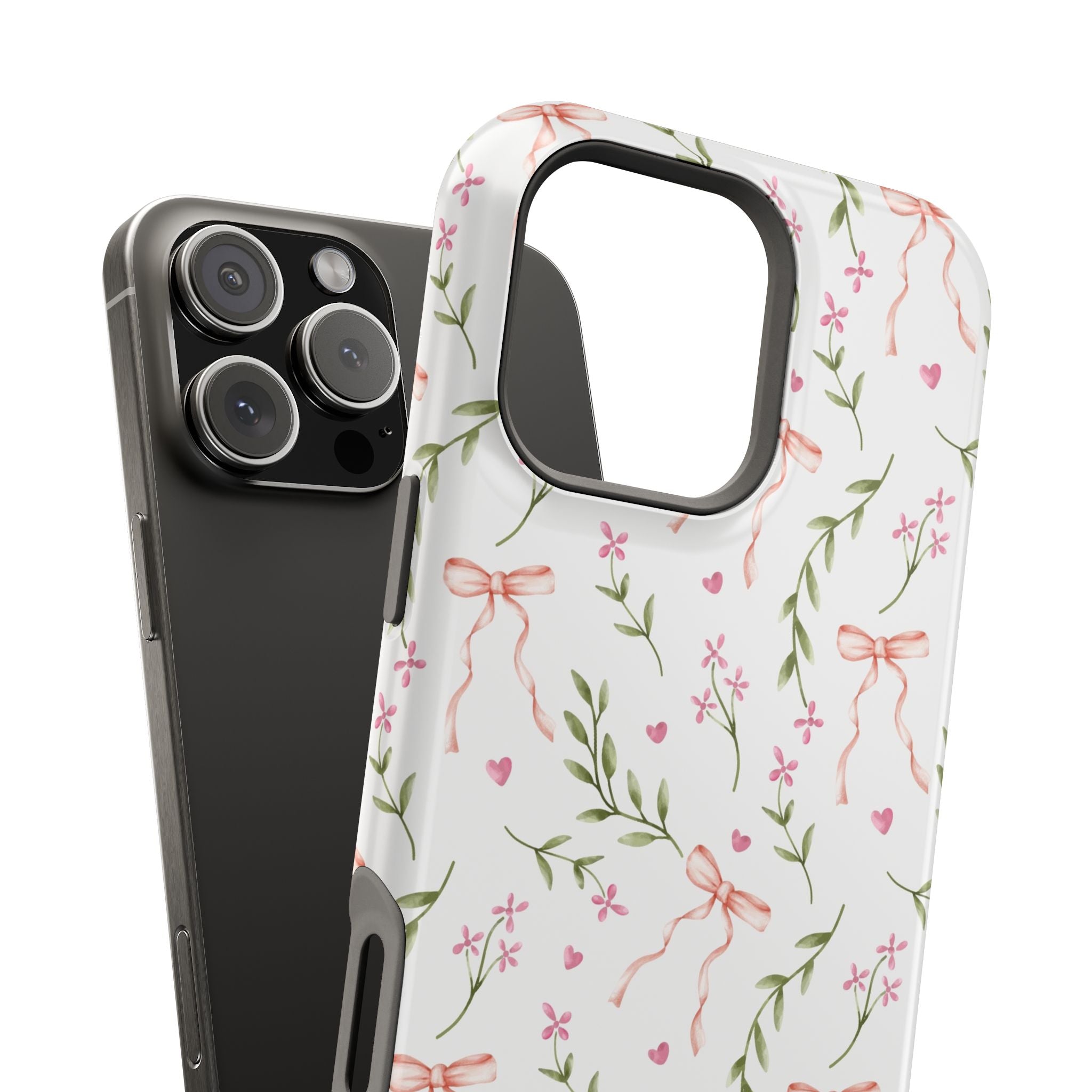 Darling Daydream Pink Coquette Case with bows and floral design for MagSafe iPhone. Cute, whimsical phone cover for style lovers.