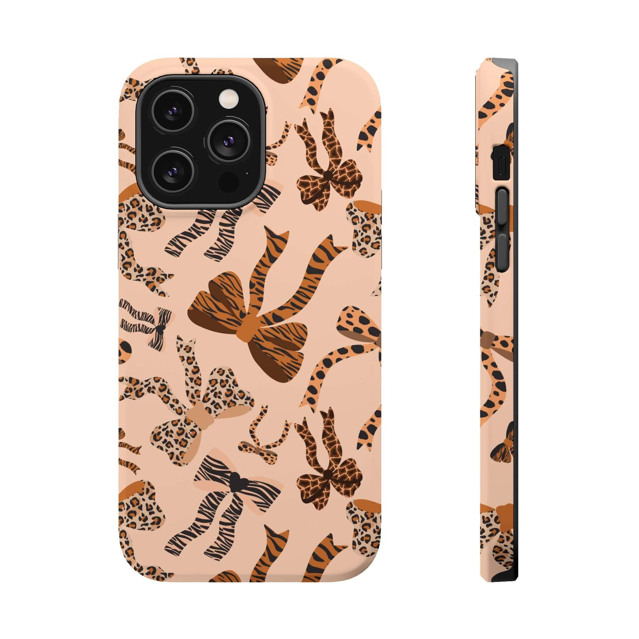 Colorful iPhone case with cute bows and leopard pattern, Safari Coquette style, abstract and playful phone accessory.