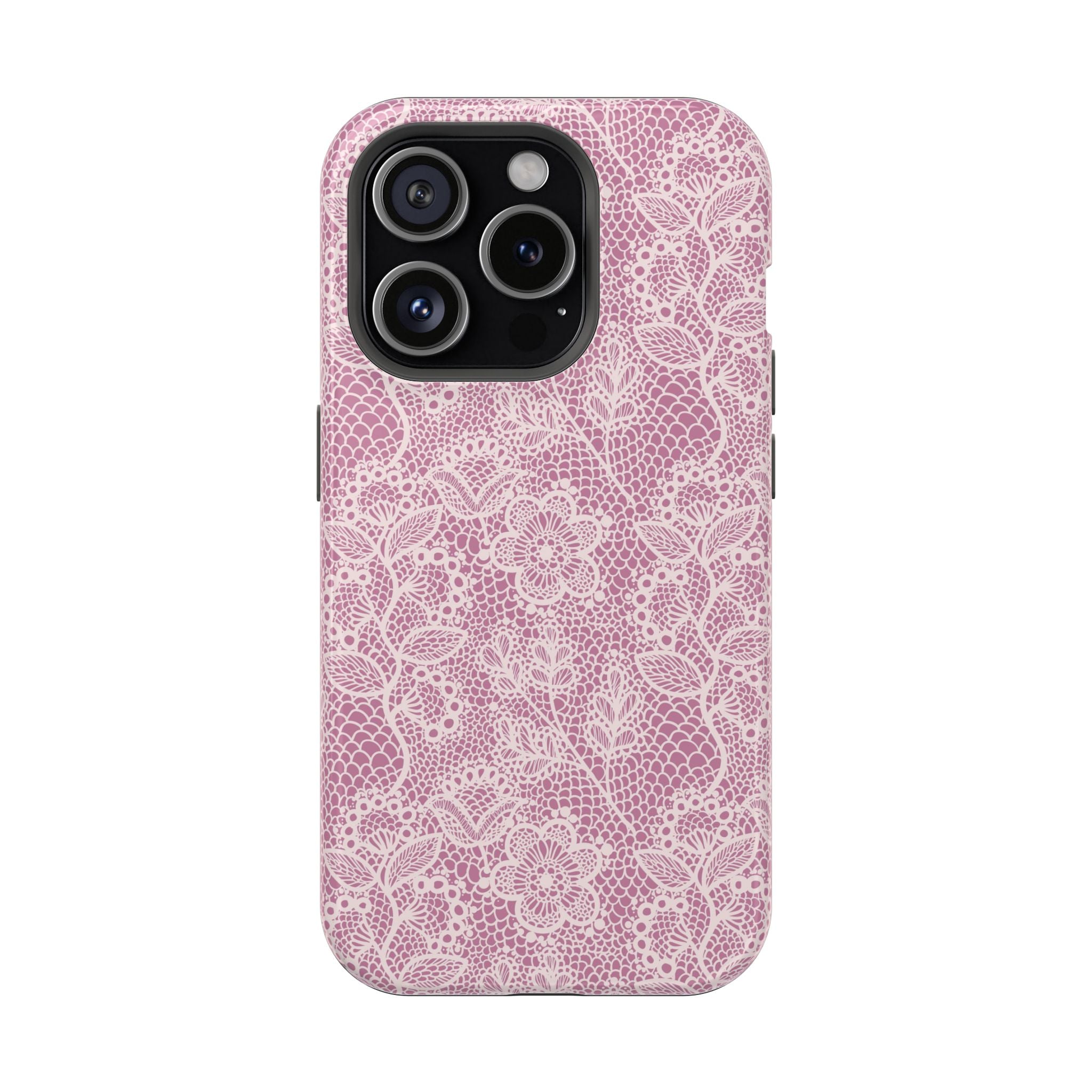 Pink lace MagSafe iPhone case with floral design, offering country charm and cute phone cover protection.