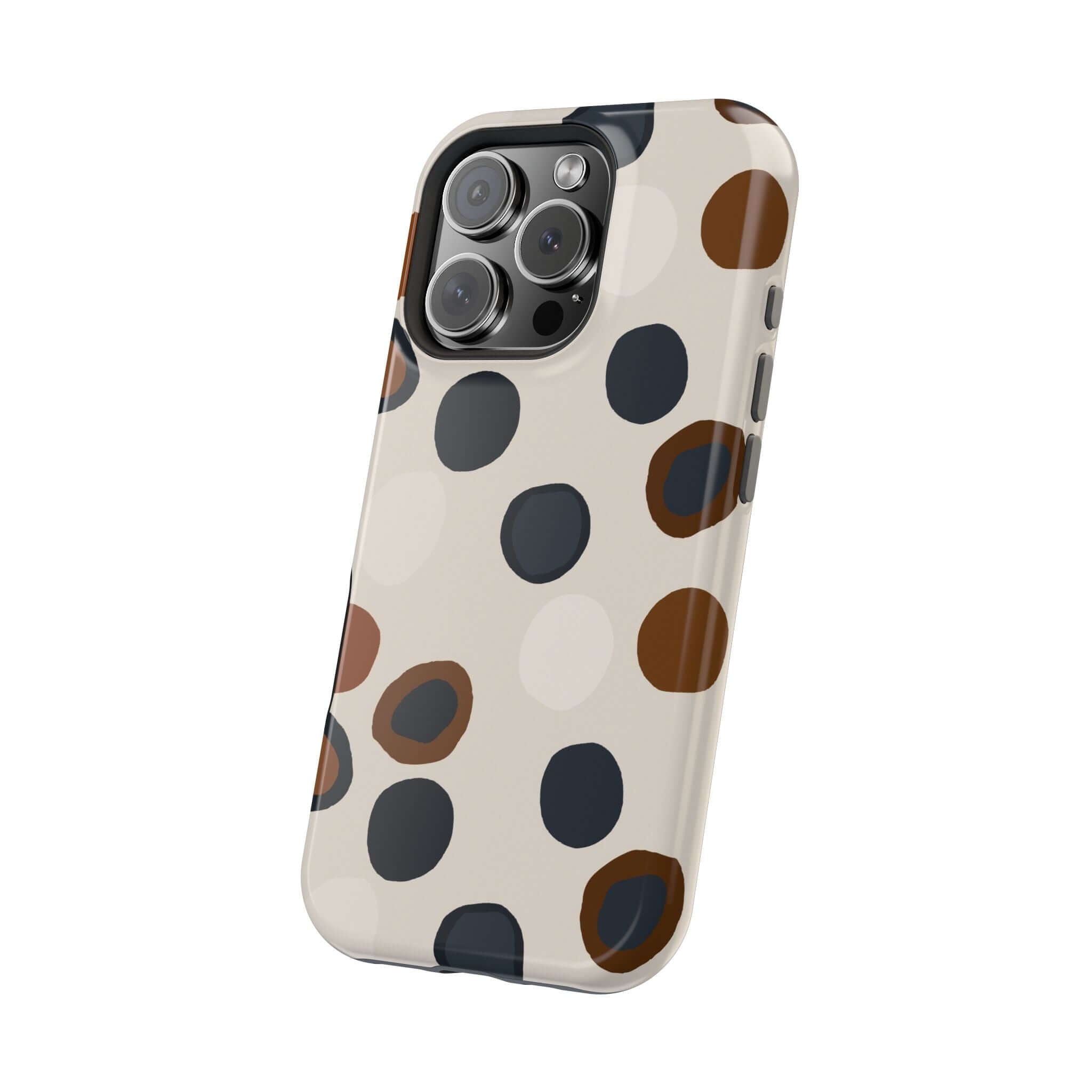 Modern Spots iPhone Case with abstract colorful brown and black design, perfect for fashion-forward adventurers seeking a cute and playful look.