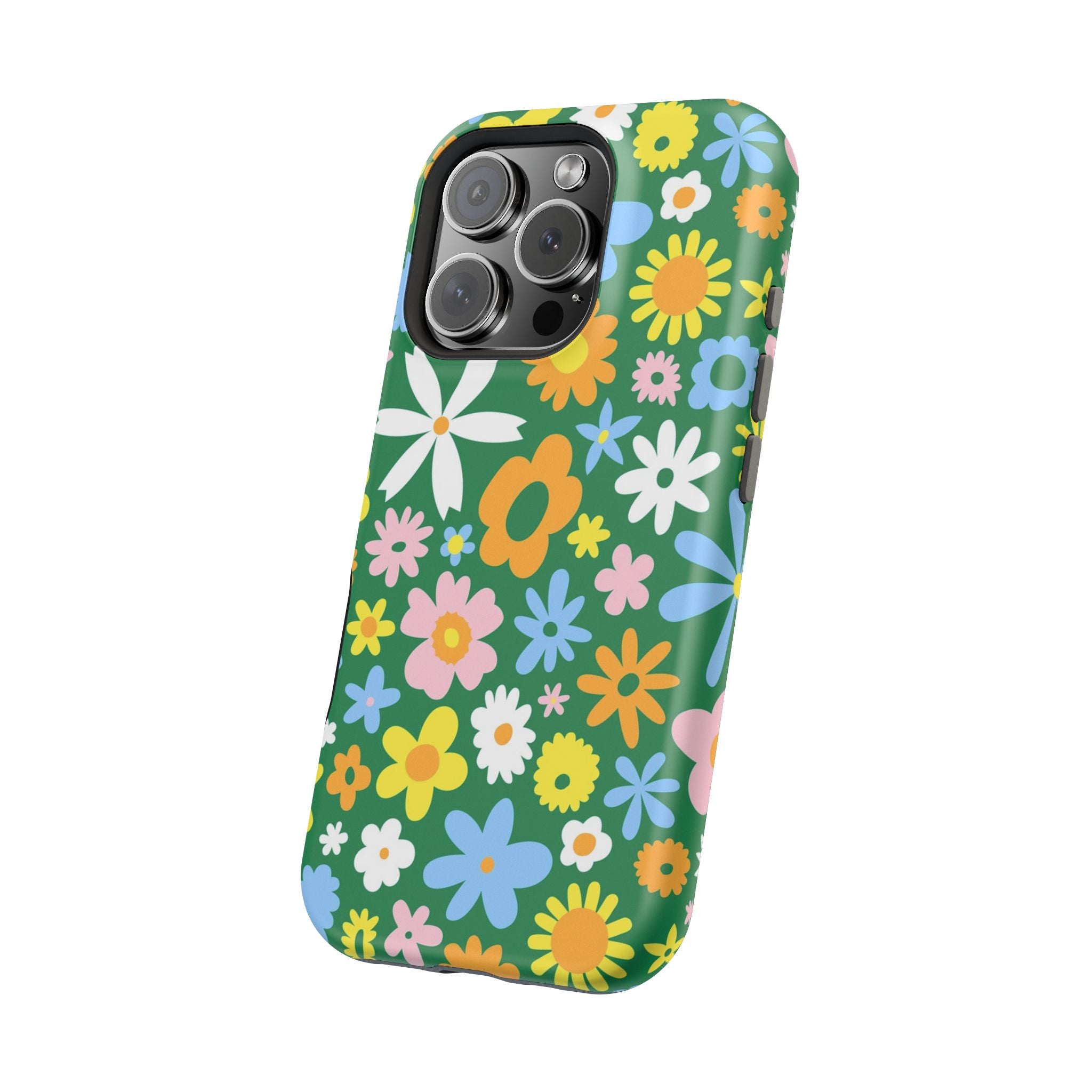 Vibrant floral MagSafe iPhone case with a hippie design on green background, featuring colorful flowers. Cute phone cover for style lovers.