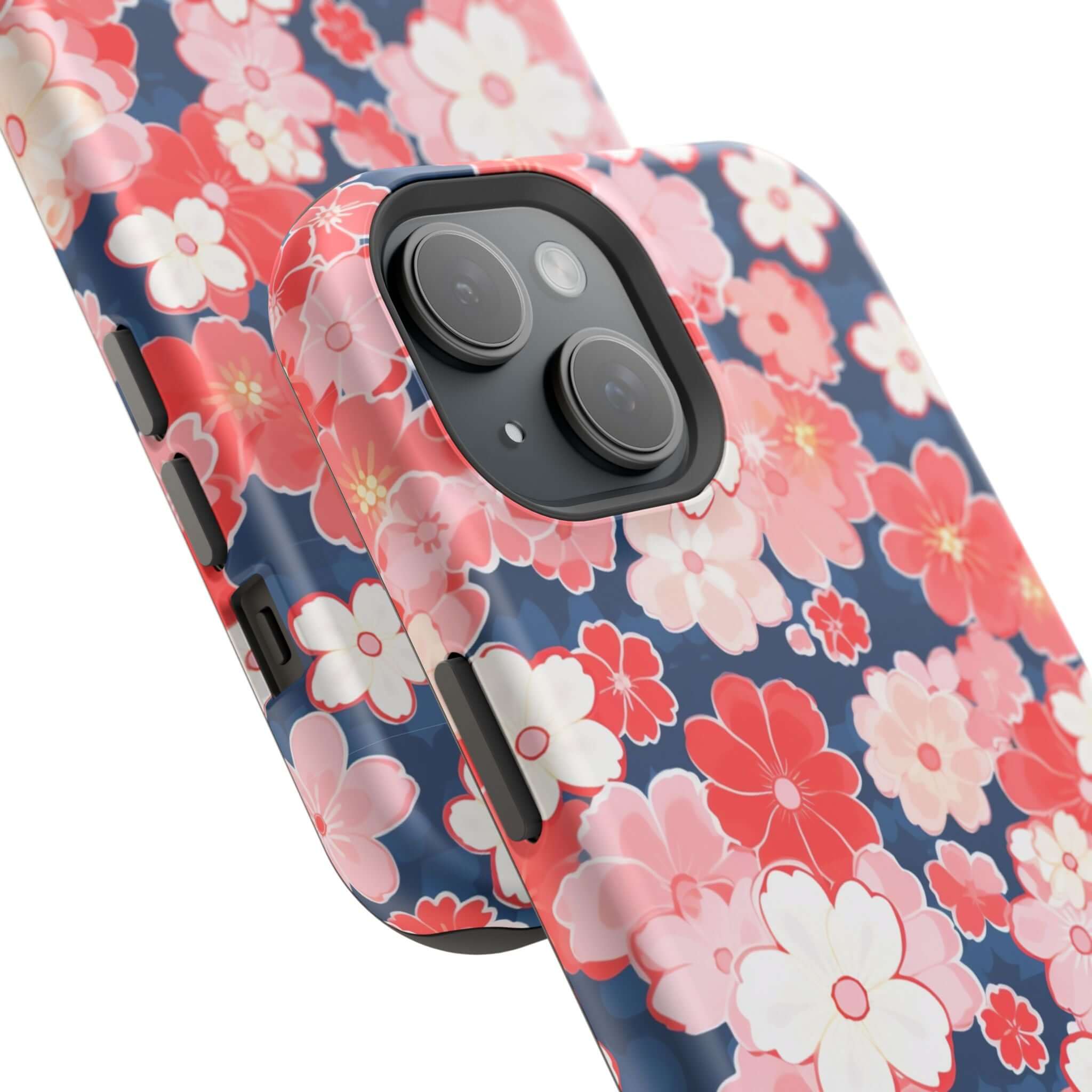 Pink floral case on iPhone 14 Pro Max, showcasing detailed pink flowers with free shipping. Perfect iPhone case for a stylish look.