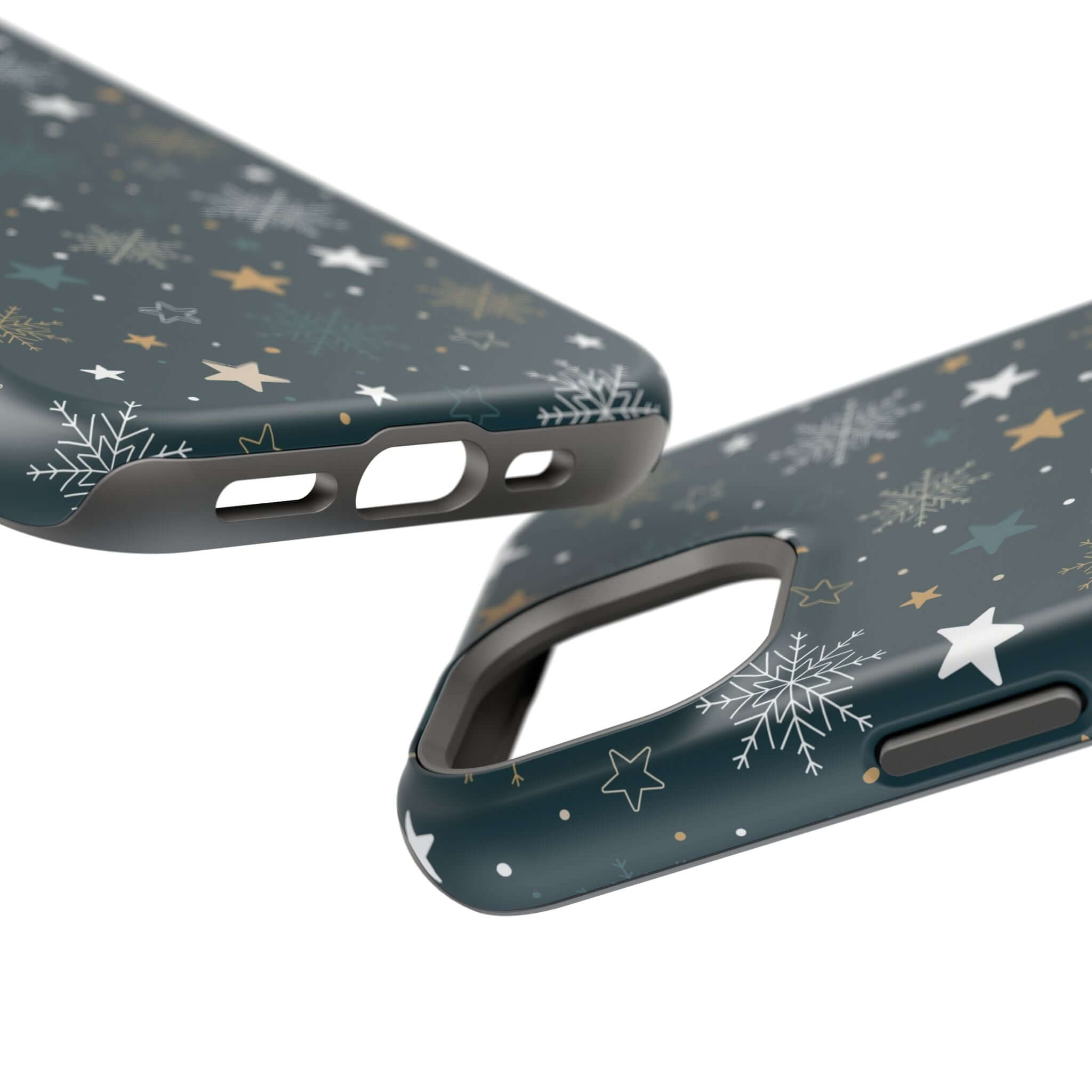 Festive Frosted Wishes MagSafe phone case with snowflakes and stars design, ideal for Christmas and holiday season.