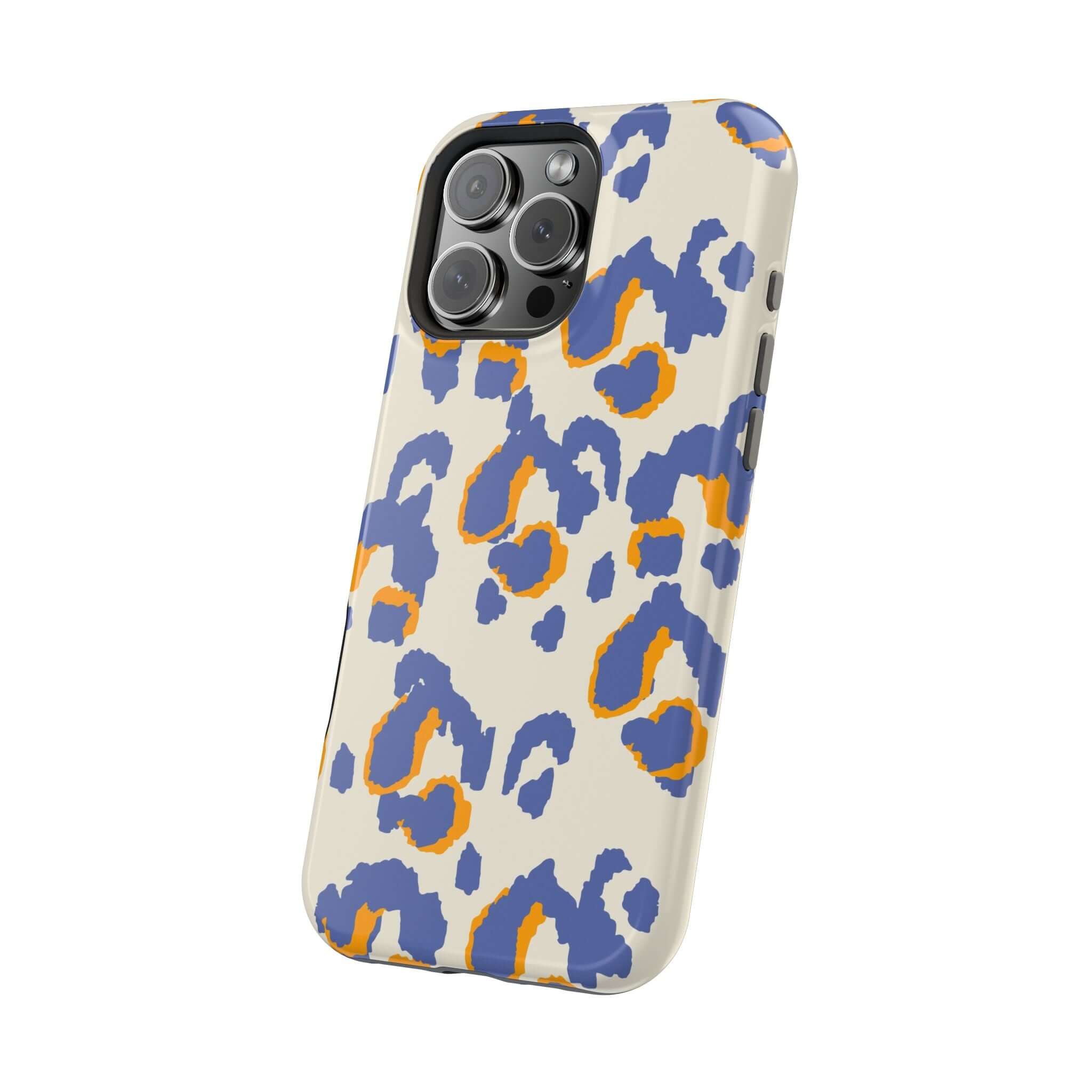 Blue leopard print MagSafe phone case with abstract design, colorful iPhone case, and cute phone case theme.