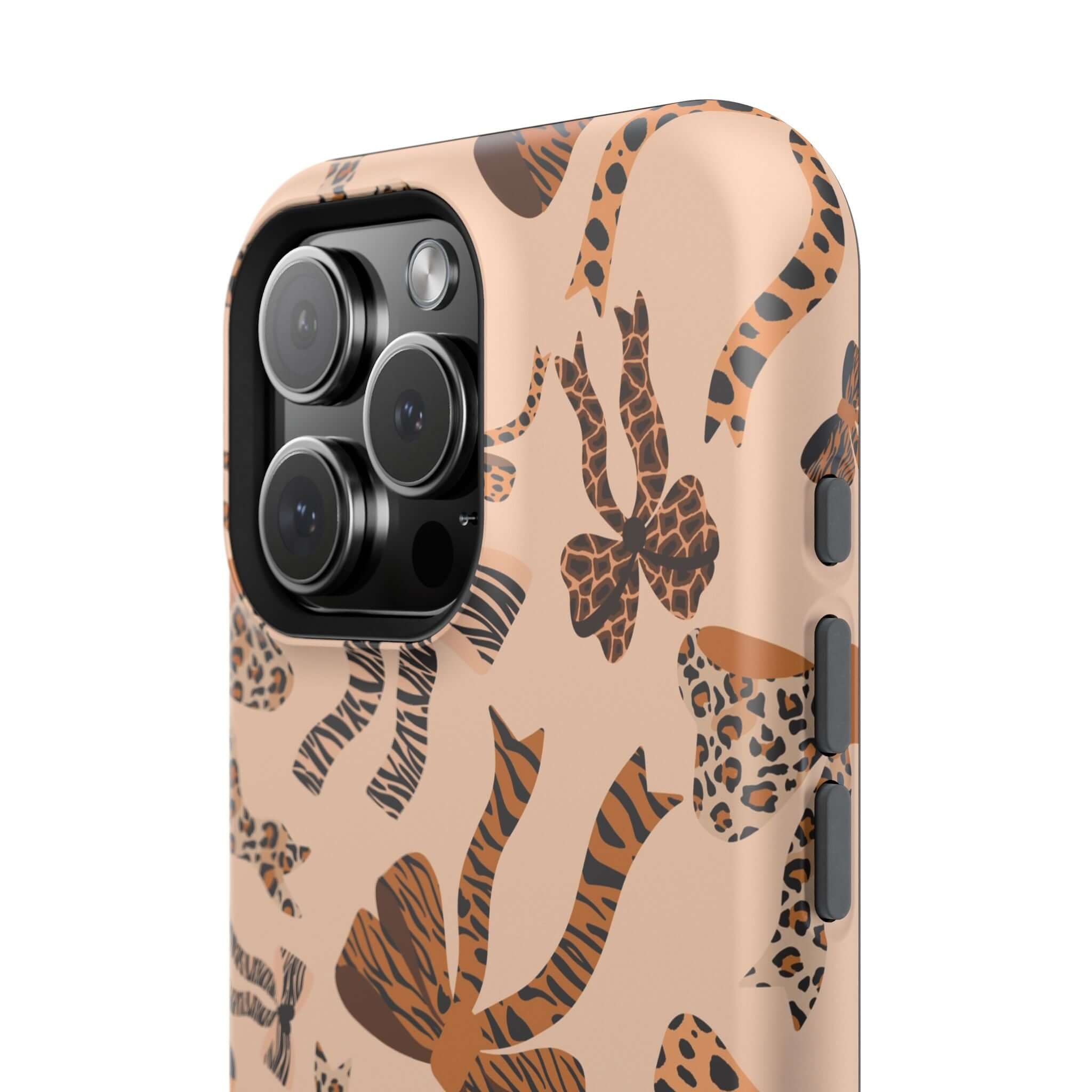 Colorful iPhone case with leopard pattern and cute bows, Safari Coquette design, abstract and playful phone accessory.