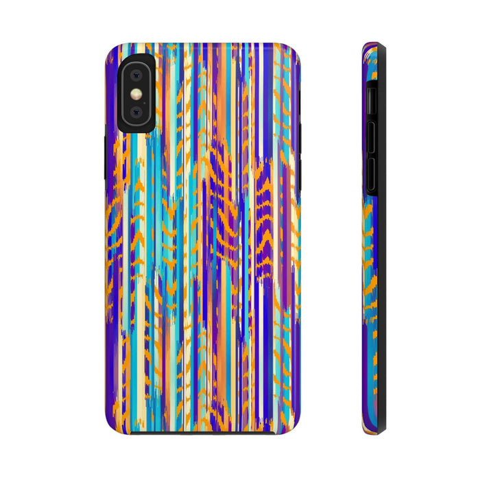 Colorful tie dye iPhone case with abstract stripes in blue, orange, and purple. Cute phone accessory for style and protection.