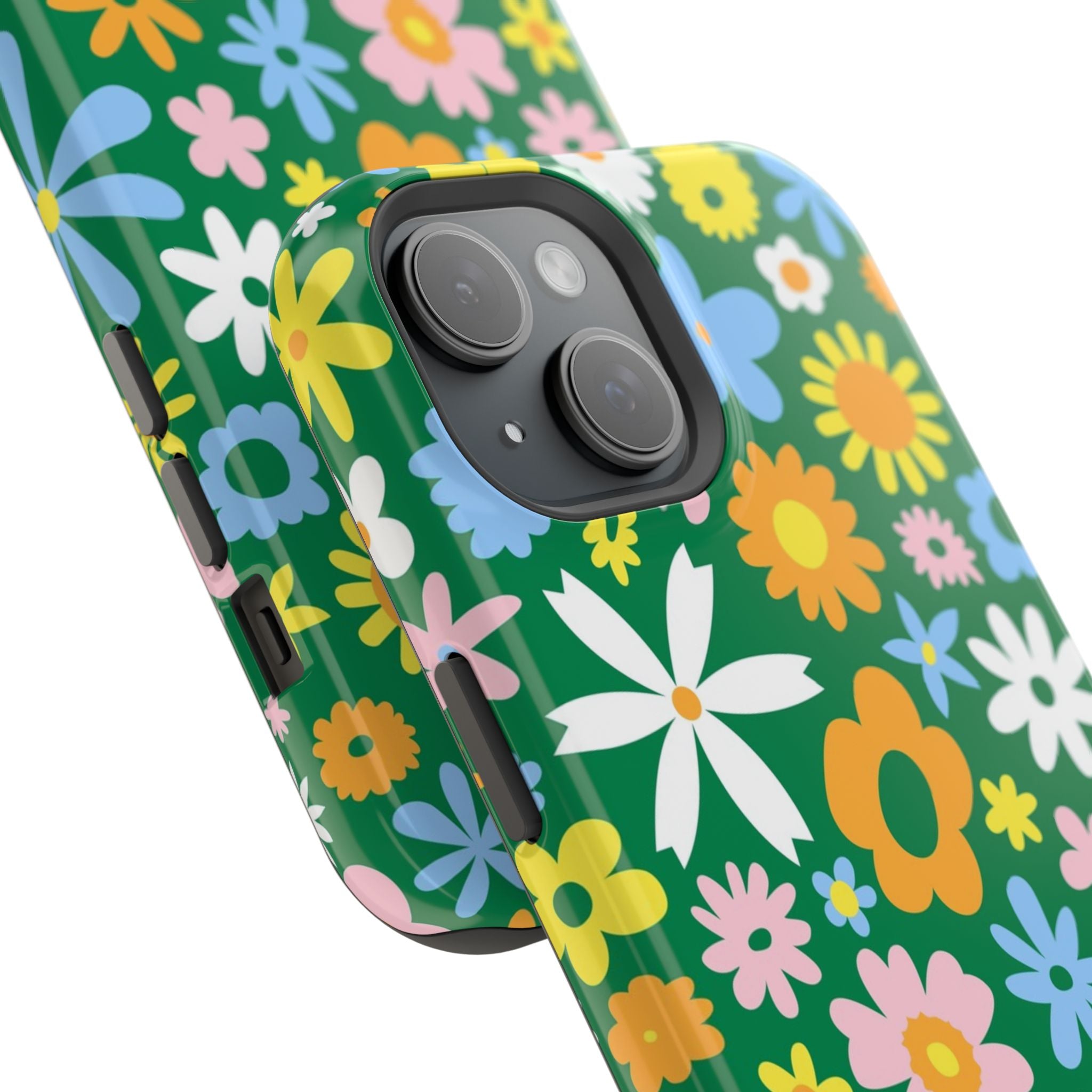 Vibrant floral MagSafe iPhone case with a playful hippie design, featuring colorful flowers on a green background. Cute phone cover style.