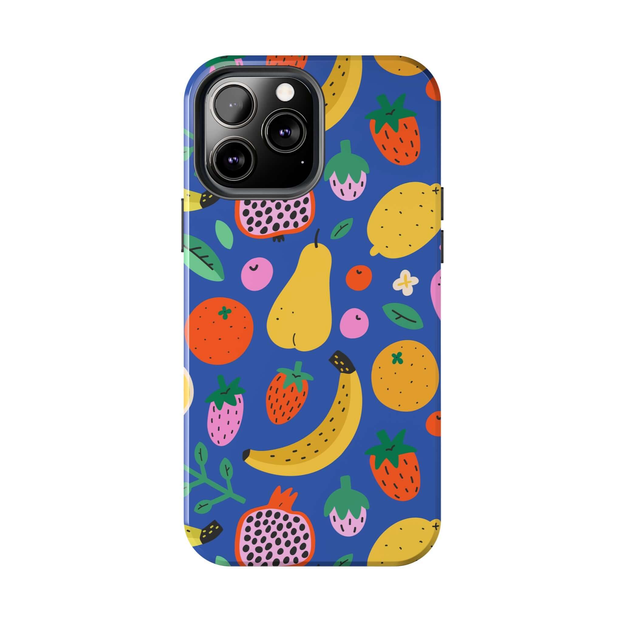 Cute phone cover featuring a vibrant beachy fruit design on a blue background, perfect for Apple iPhone.