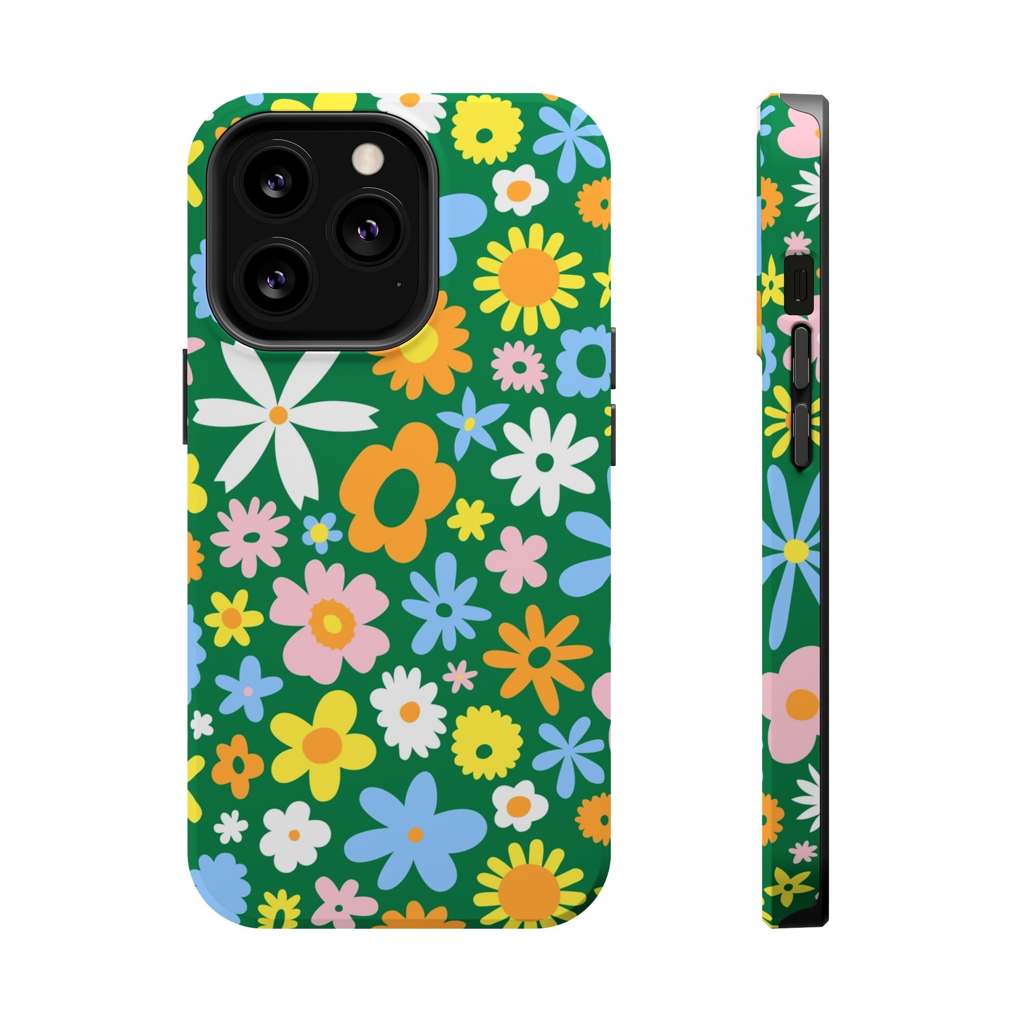 Vibrant Chasing Blooms MagSafe iPhone Case with playful hippie floral design, perfect cute phone cover for flower power enthusiasts.