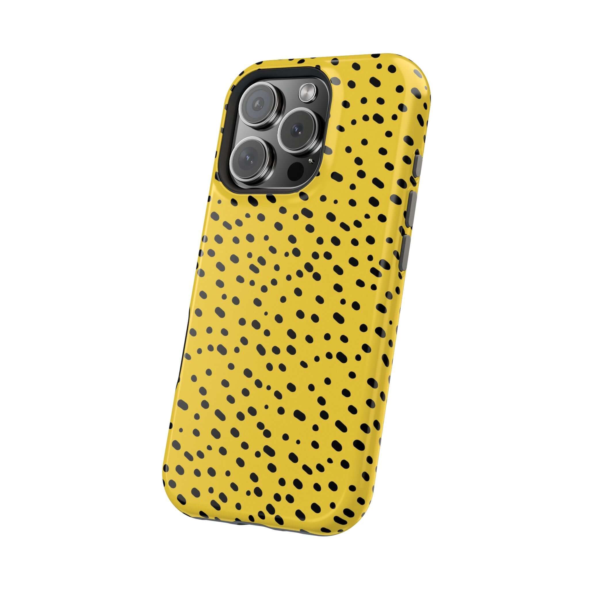 Colorful iPhone case with bold black cheetah spots on vibrant yellow, a cute and abstract design by Spot On.