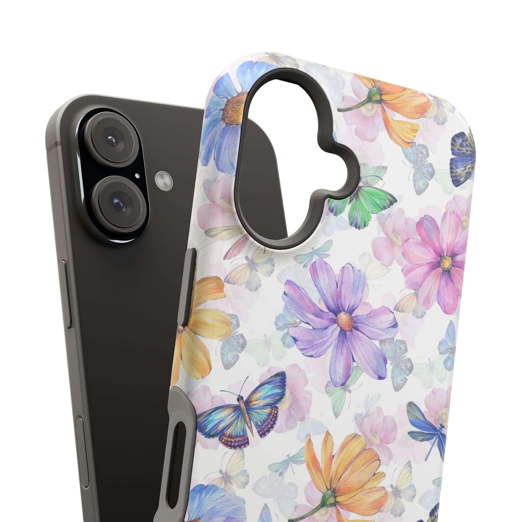 Cute MagSafe iPhone case with watercolor butterfly and floral design. iPhone 16 compatible protective phone case.