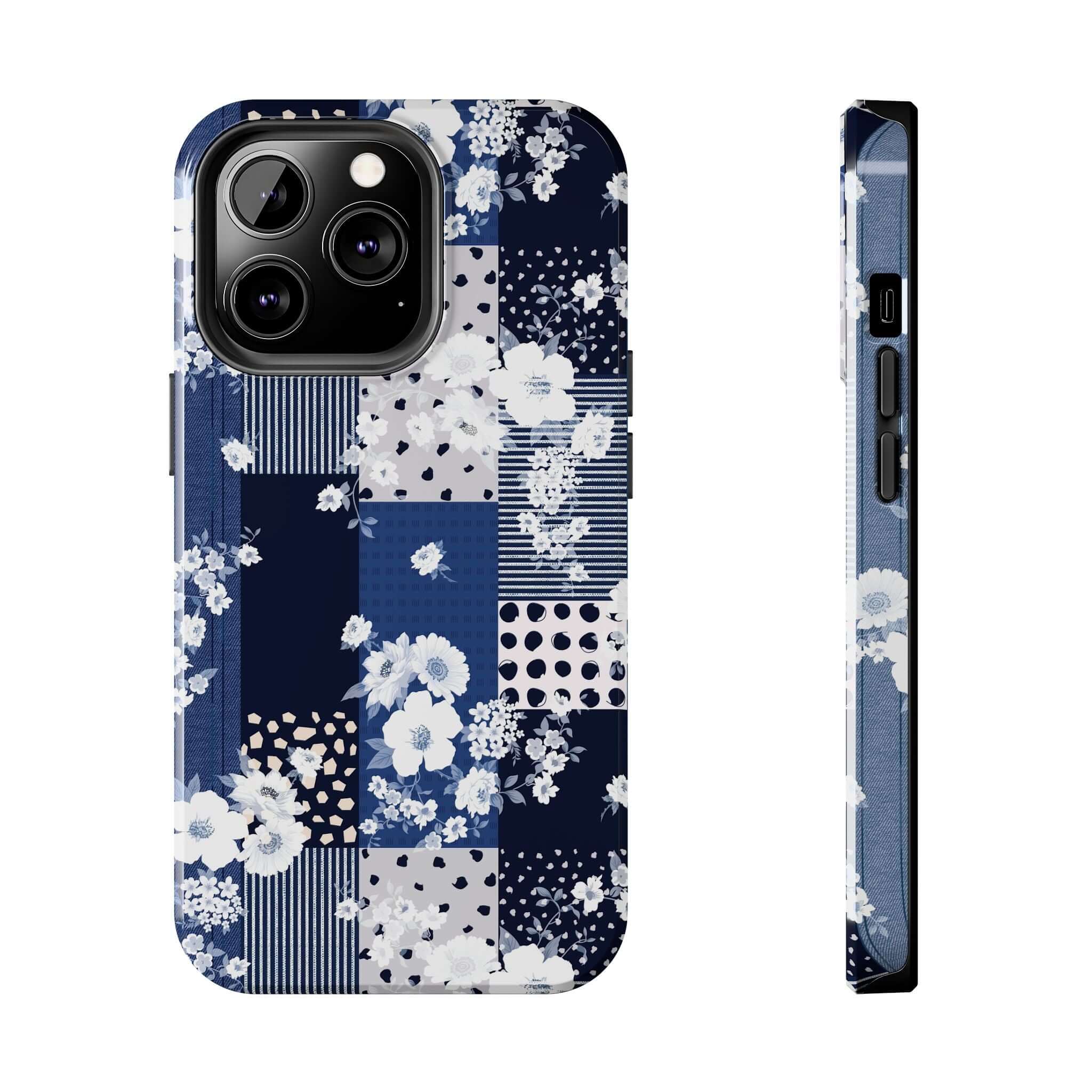 Cute iPhone and Samsung phone case with blue floral design, perfect for sorority book club members, stylish phone cover with flowers.