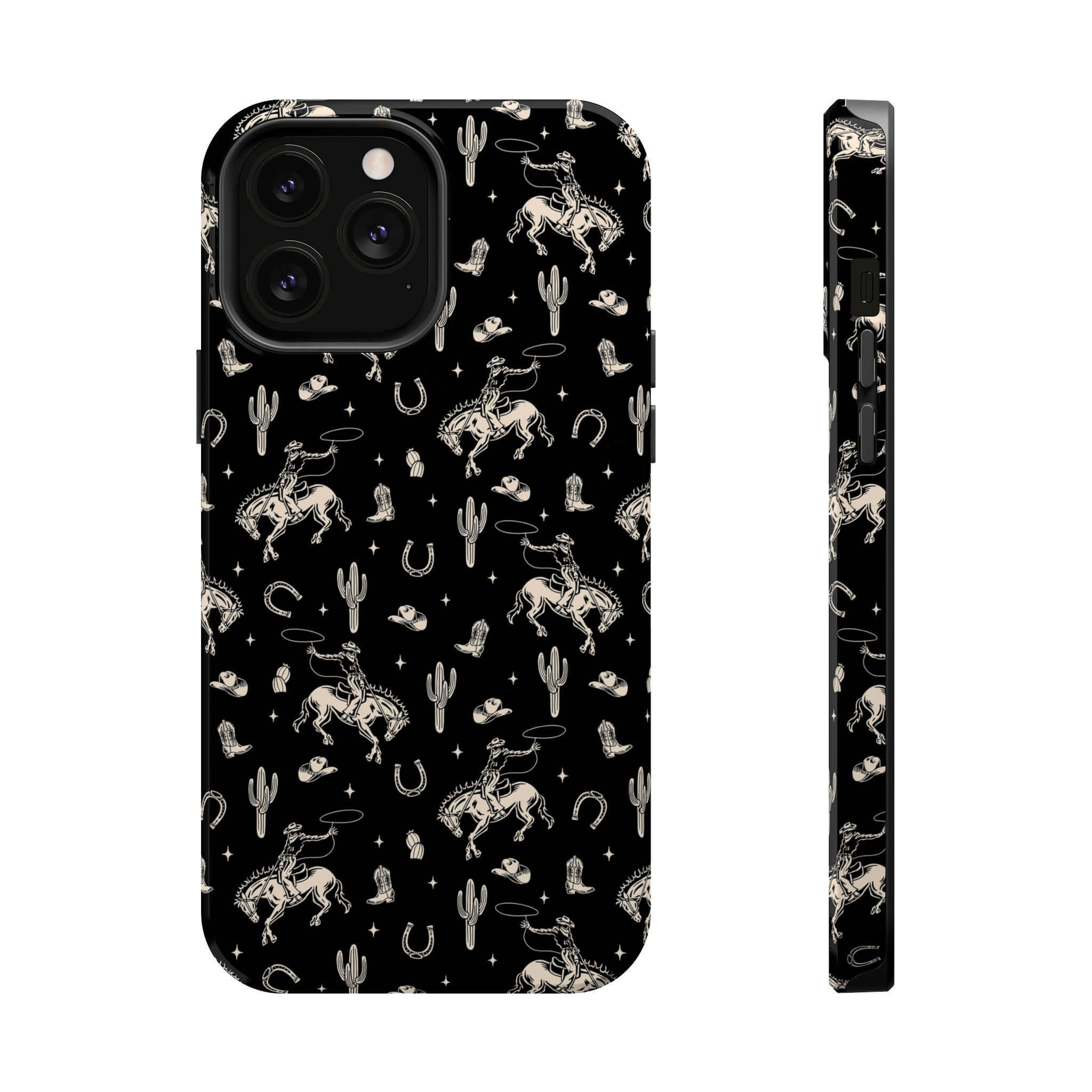 Black western iPhone case with cute cowgirl and flower designs, free shipping. Perfect for those seeking cute phone case brands.