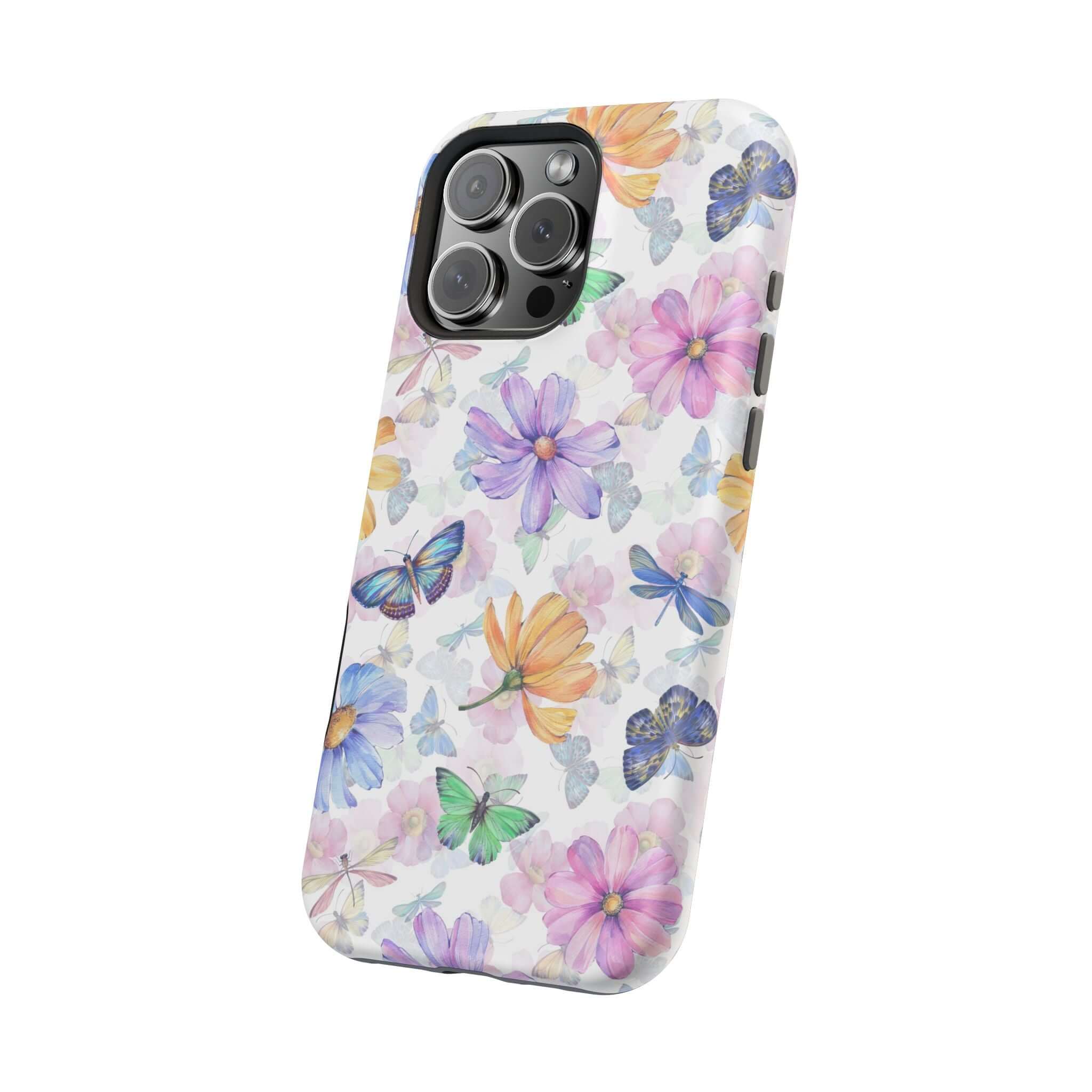 Cute MagSafe iPhone 16 case with watercolor butterfly and flower design, protective and stylish phone case.