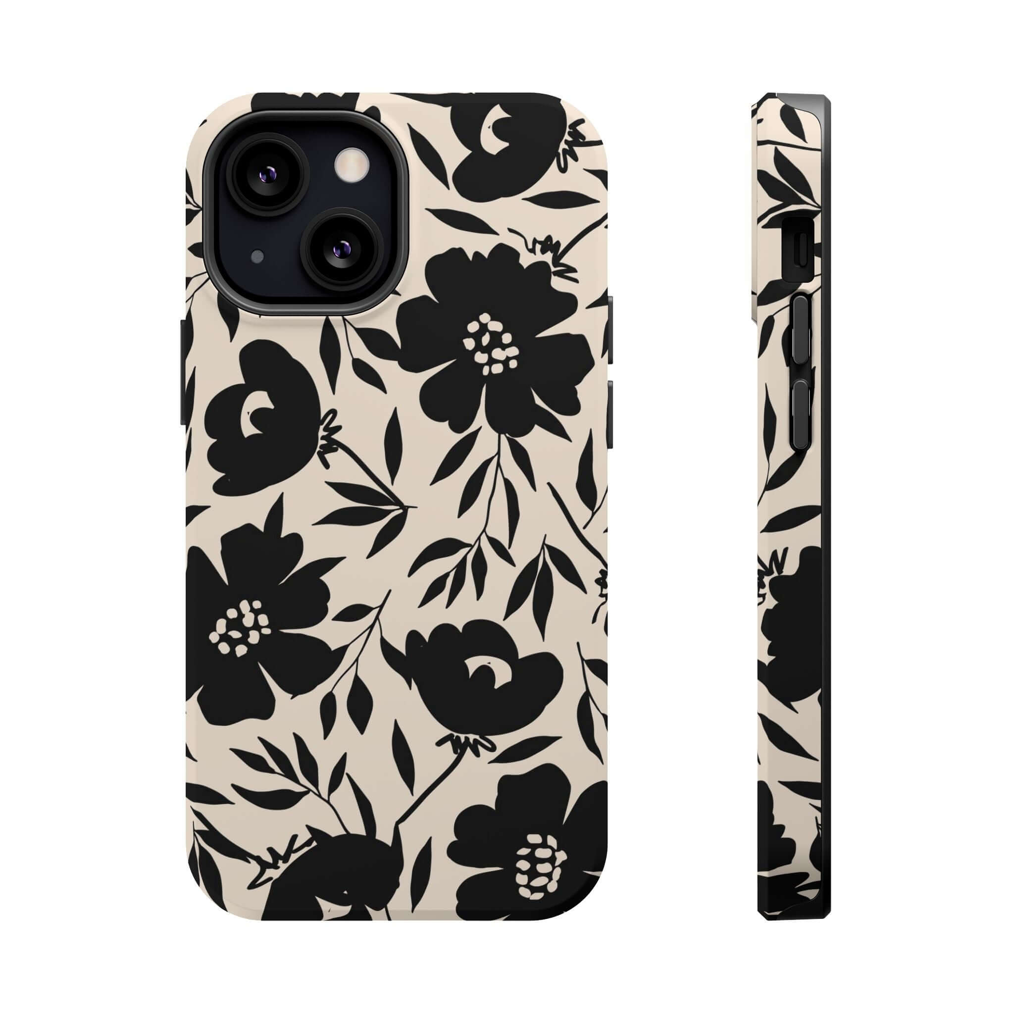 Black floral iPhone 16 case with bold flower design, Eclipse Garden, cute phone case accessory.