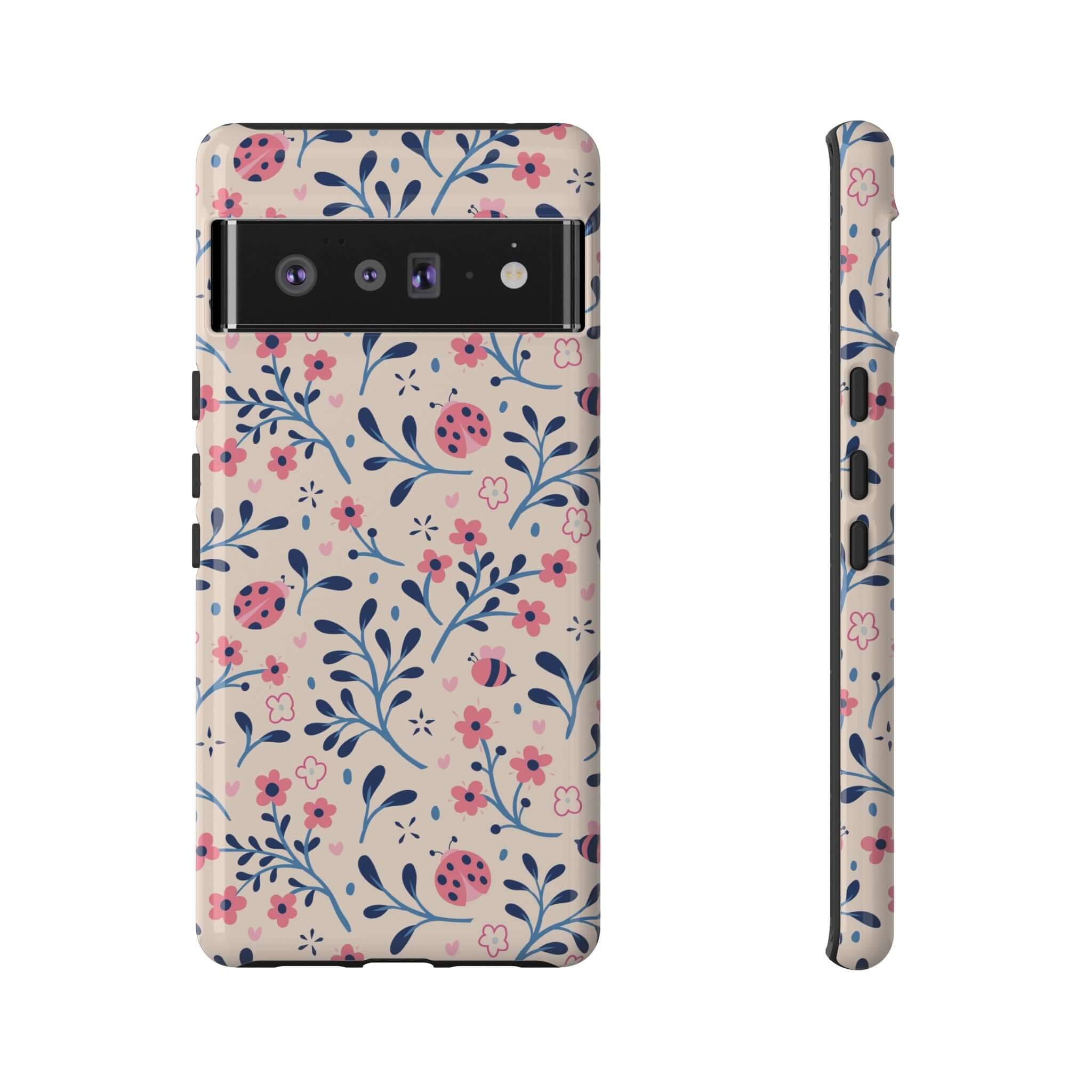 Colorful Samsung Galaxy phone case with cute ladybugs and floral pattern, perfect for iPhone 14 Pro Max and Samsung S23 users