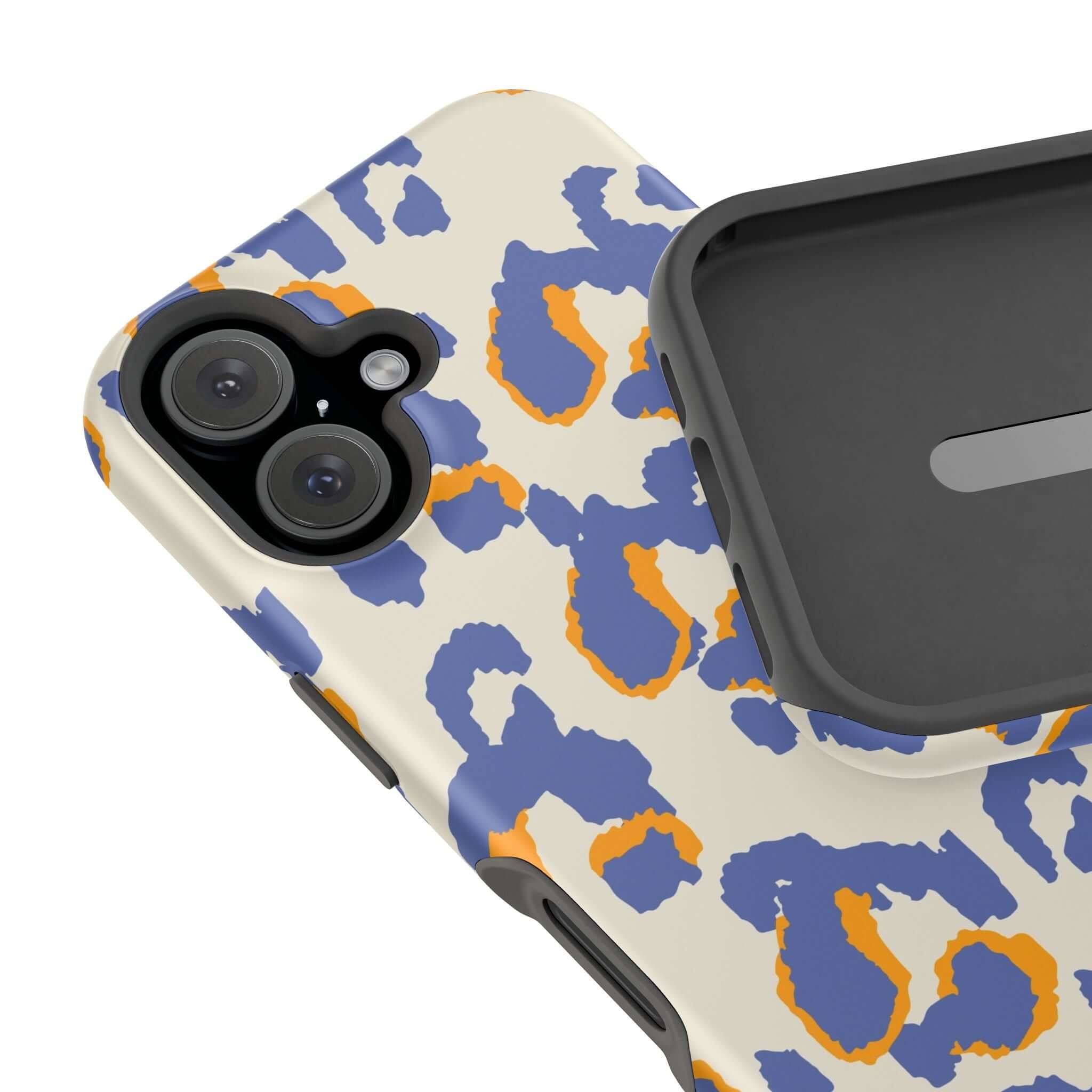 Blue leopard print MagSafe iPhone case with abstract design, showcasing colorful and cute protection for your phone.