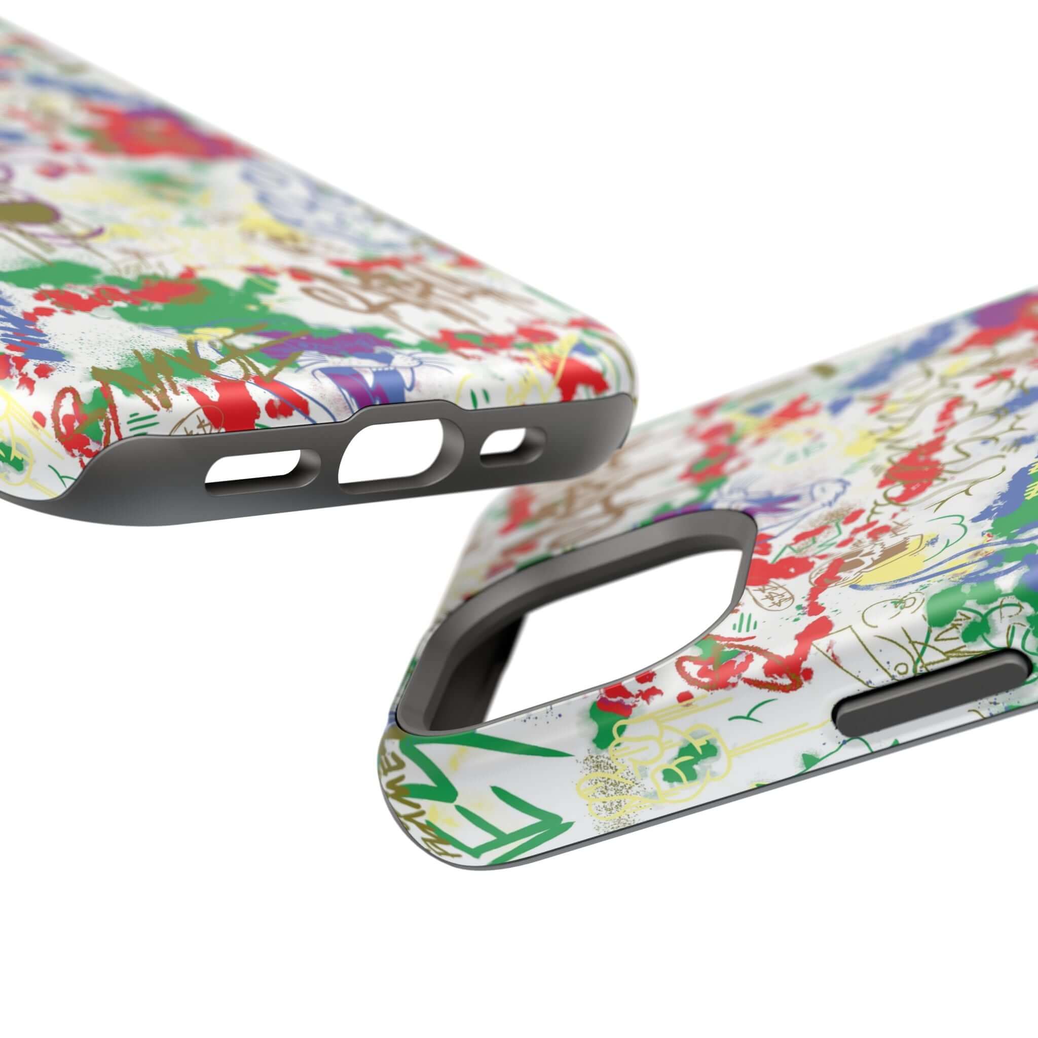 Colorful Art Attack graffiti phone case with MagSafe technology, perfect cute phone cover for iPhone lovers.