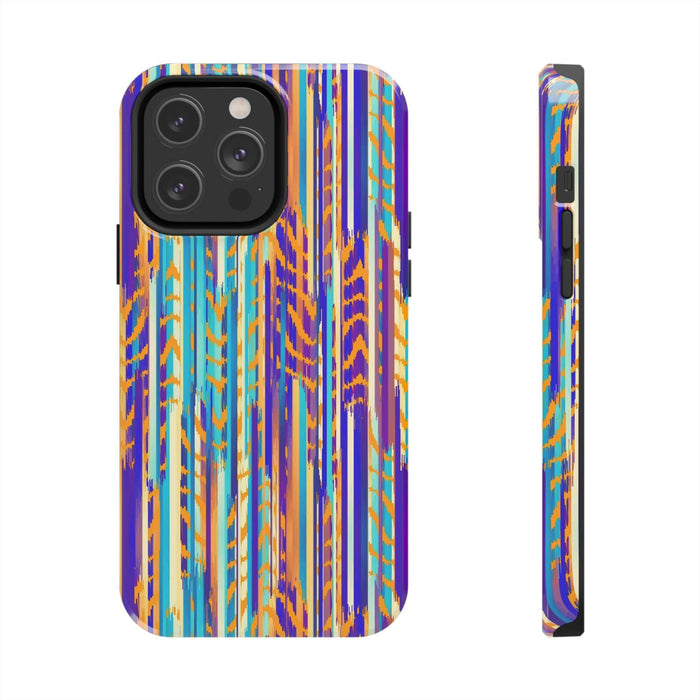 Colorful abstract iPhone case with vertical tie dye pattern, showcasing vibrant stripes in purple, orange, and blue hues.