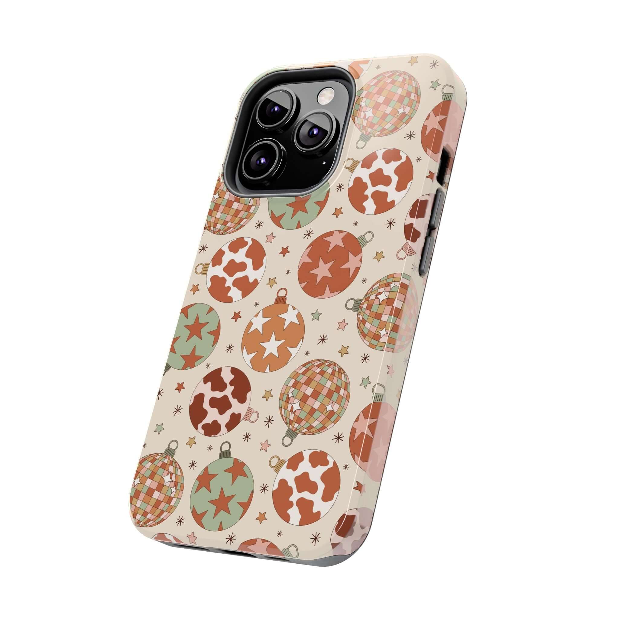 Cute iPhone case with cowgirl Christmas pattern, colorful ornaments, and stars. Perfect holiday accessory or gift.