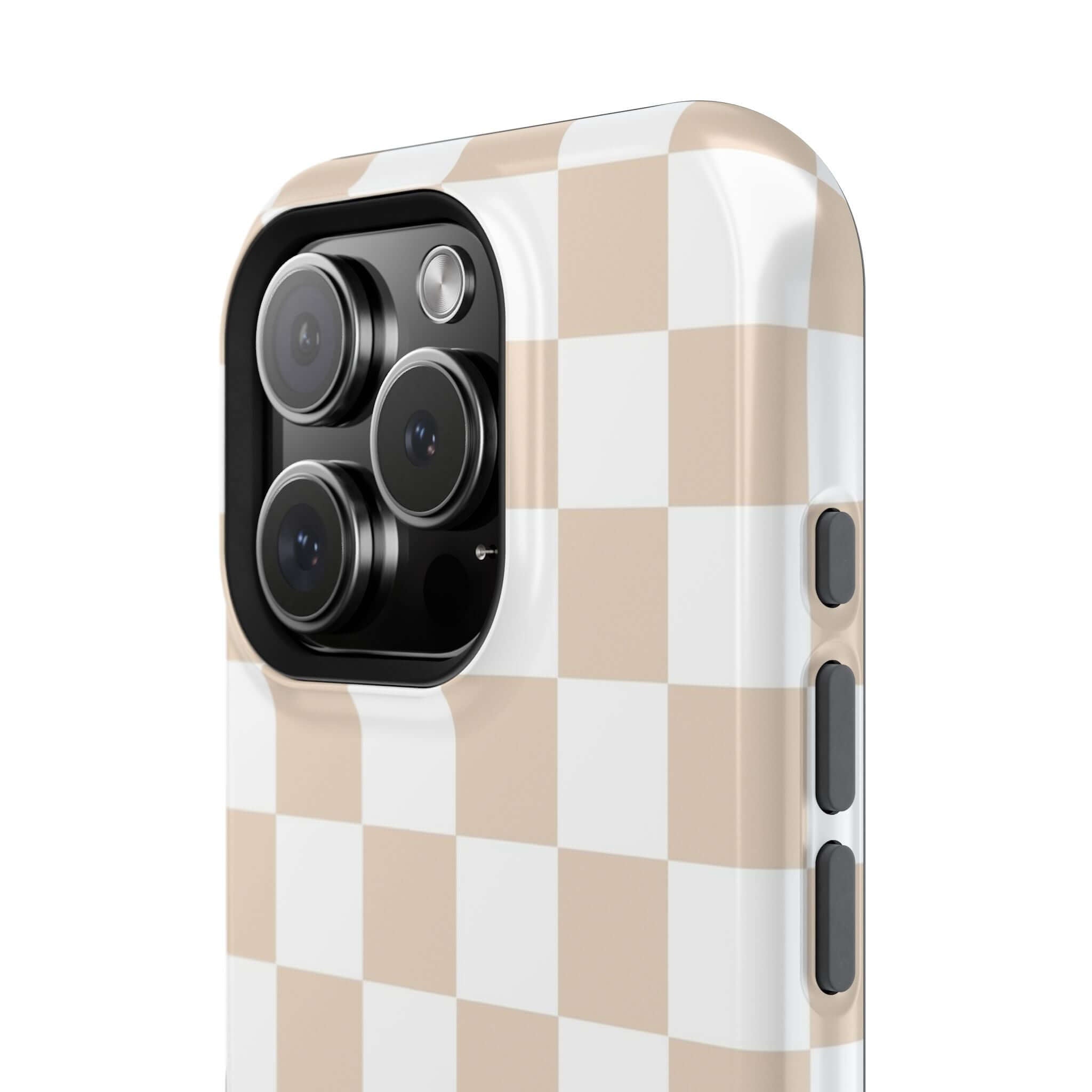 Cute beige and white checkered MagSafe iPhone 16 case providing stylish protection