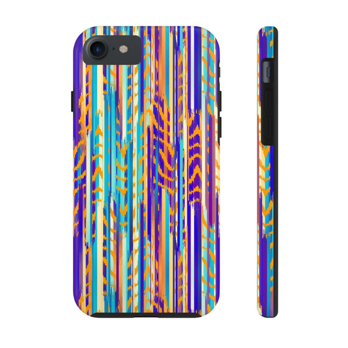 Colorful abstract tie dye iPhone case featuring vibrant blue, orange, and purple patterns, cute phone accessory for standout style.