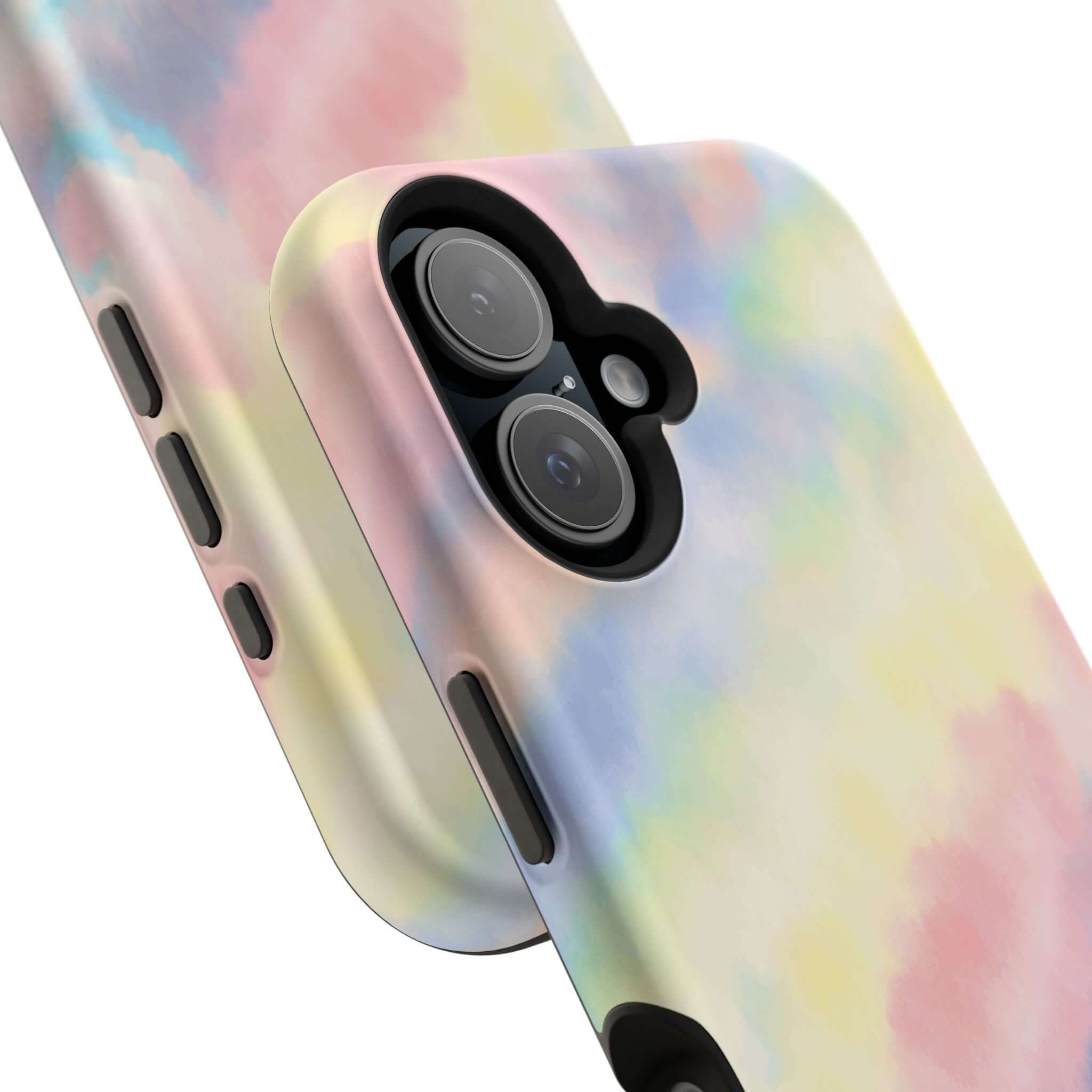 Cute iPhone case with pastel tie dye design, showcasing MagSafe compatibility and unique phone case features.