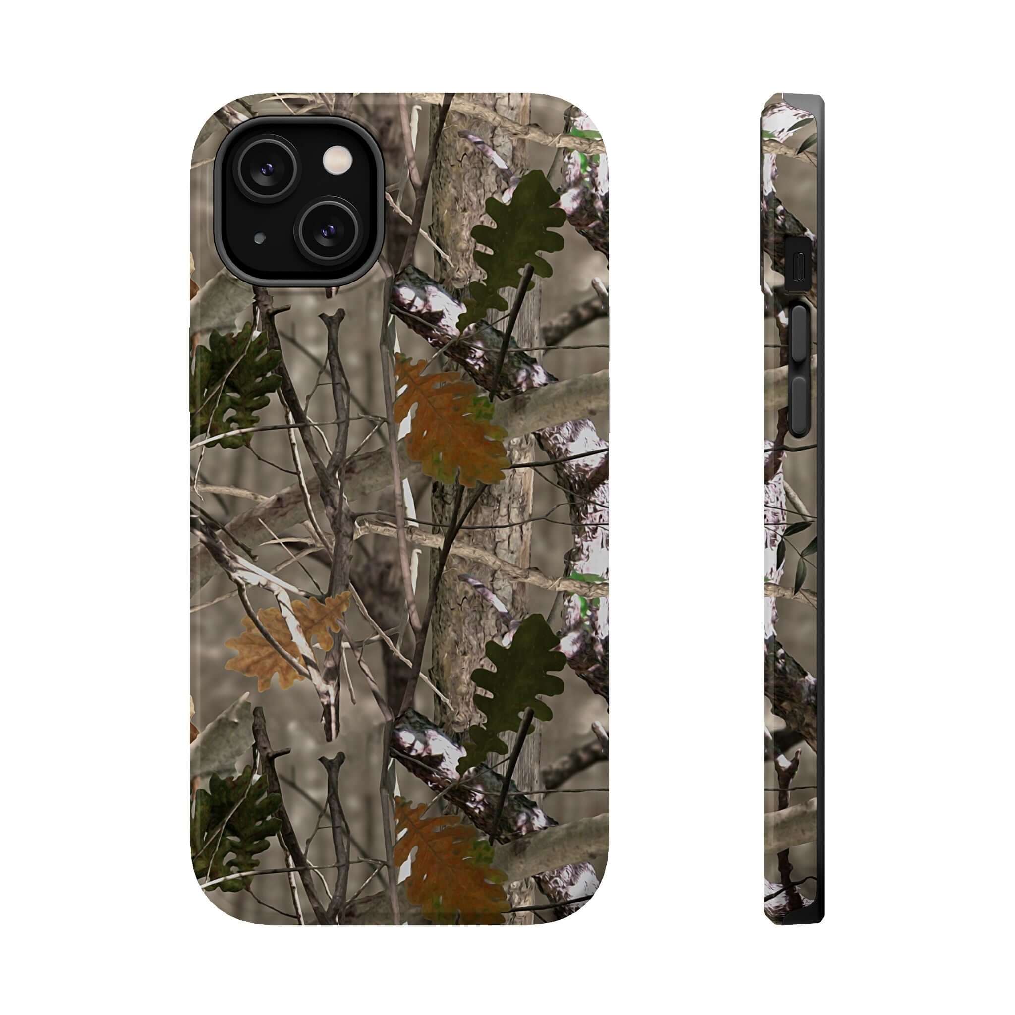 Modern forest camo phone case with MagSafe, featuring cute animal print design for iPhone. Perfect for quirky style lovers.