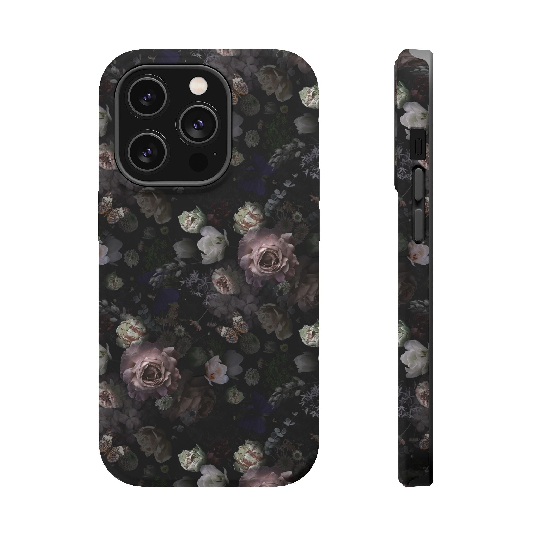 Midnight Curse Black Floral MagSafe iPhone Case with cute black roses, a stylish phone cover to protect your device in trend.