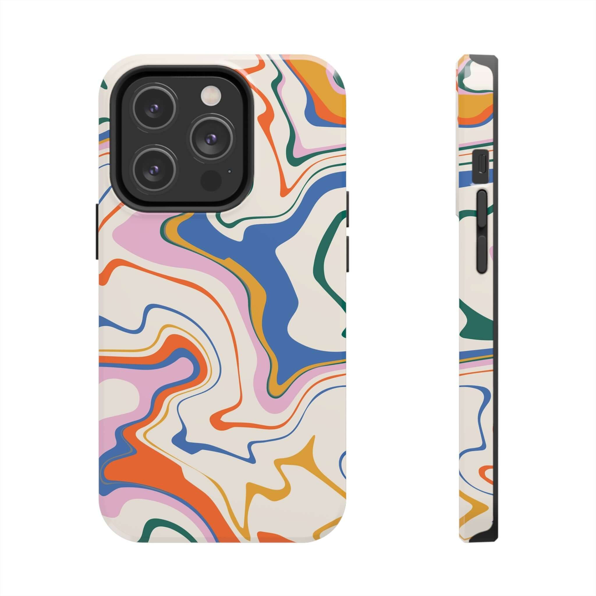 Colorful abstract phone case with vibrant swirl design for iPhone and Samsung, cute and protective.