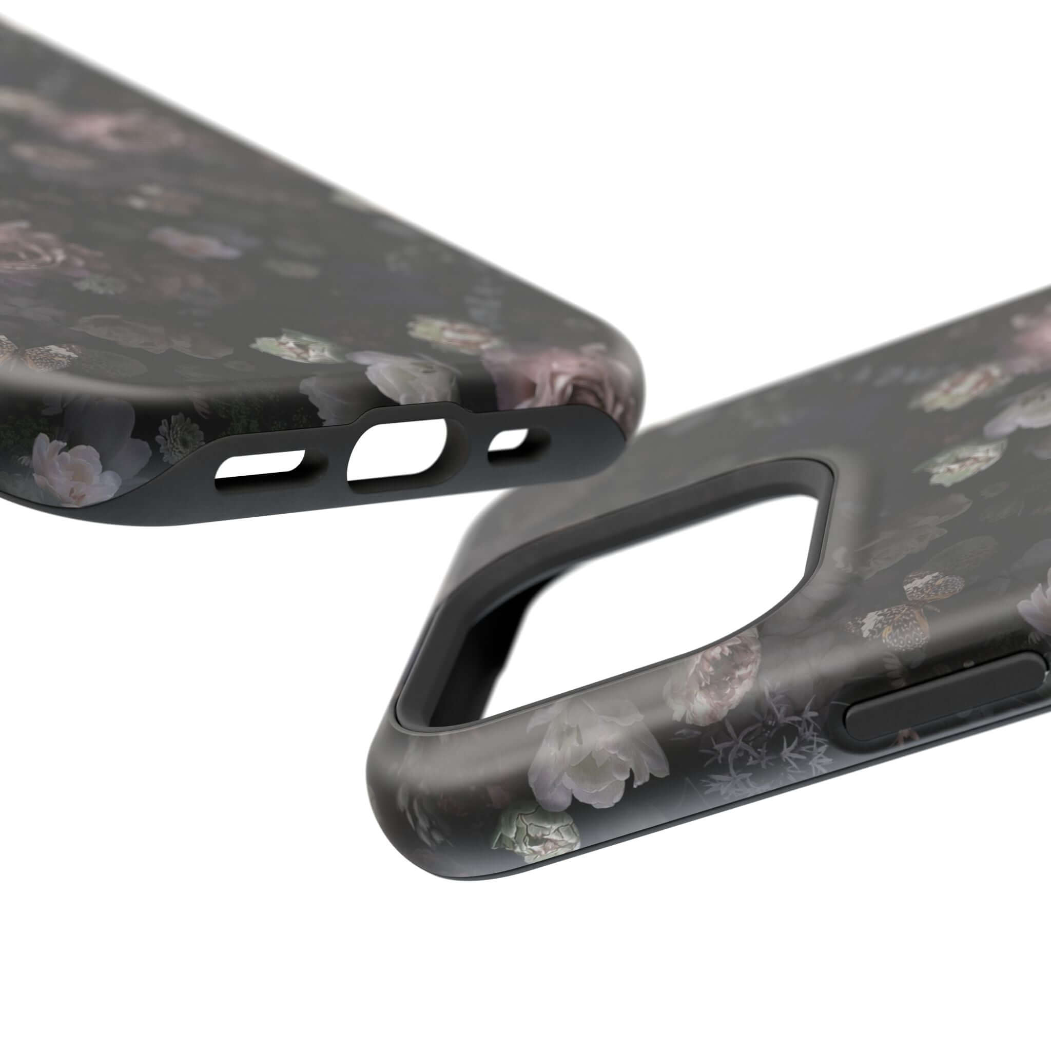 Cute Midnight Curse MagSafe iPhone case with black floral design, perfect phone cover to embrace your dark side in style.