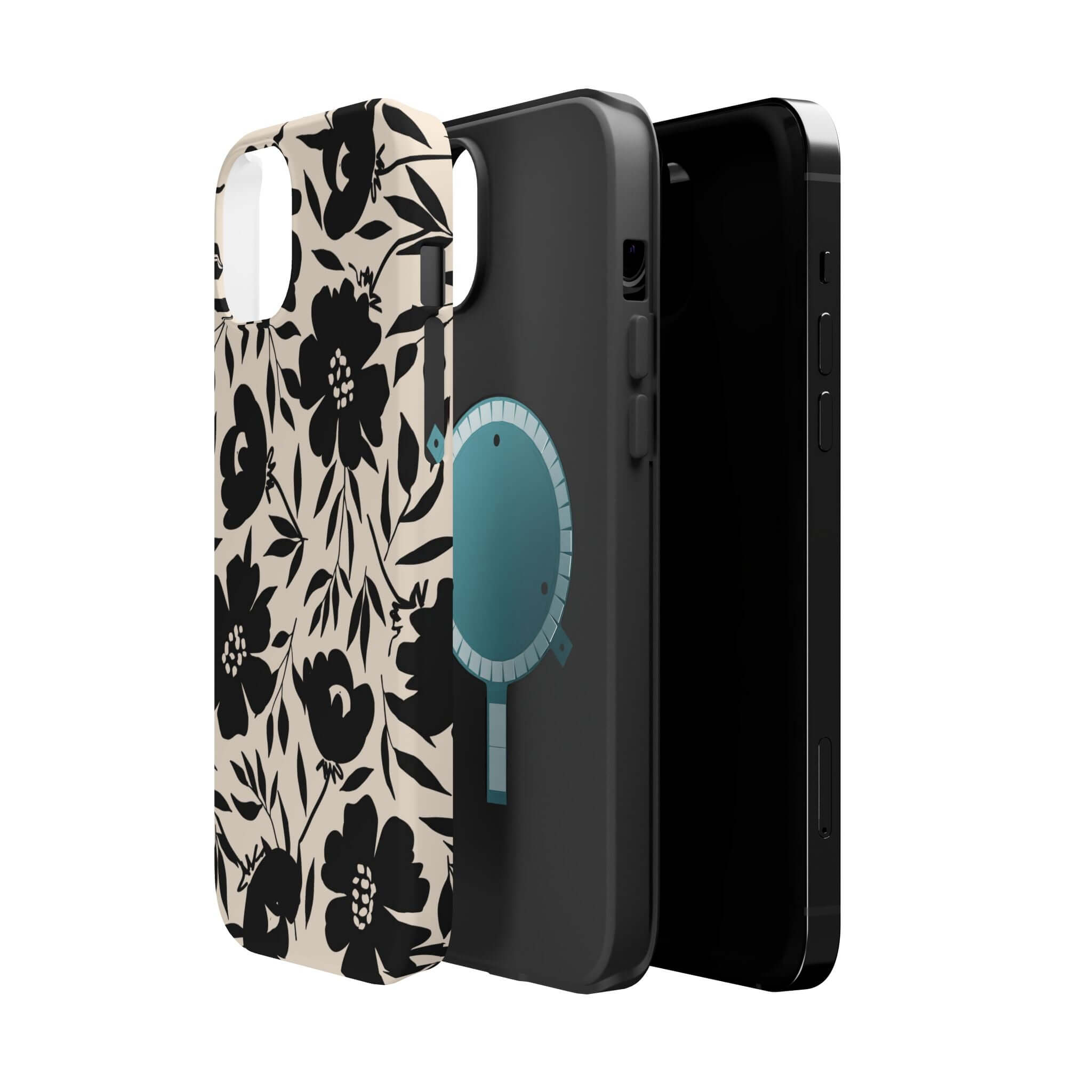 Black floral iPhone 16 case with cute design, showcasing Eclipse Garden's bold and adventurous style. Perfect for standing out.