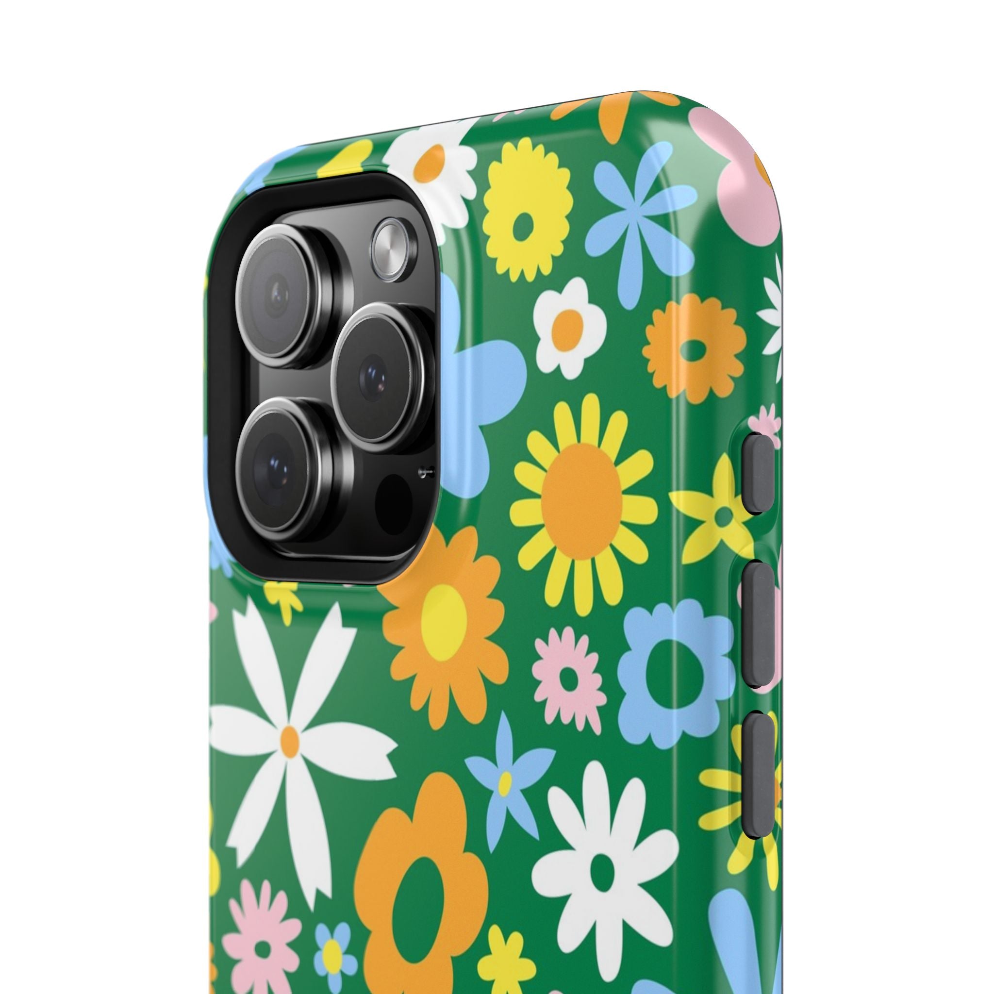 Vibrant floral MagSafe iPhone case with colorful hippie design on green background, perfect for a cute phone cover and style statement