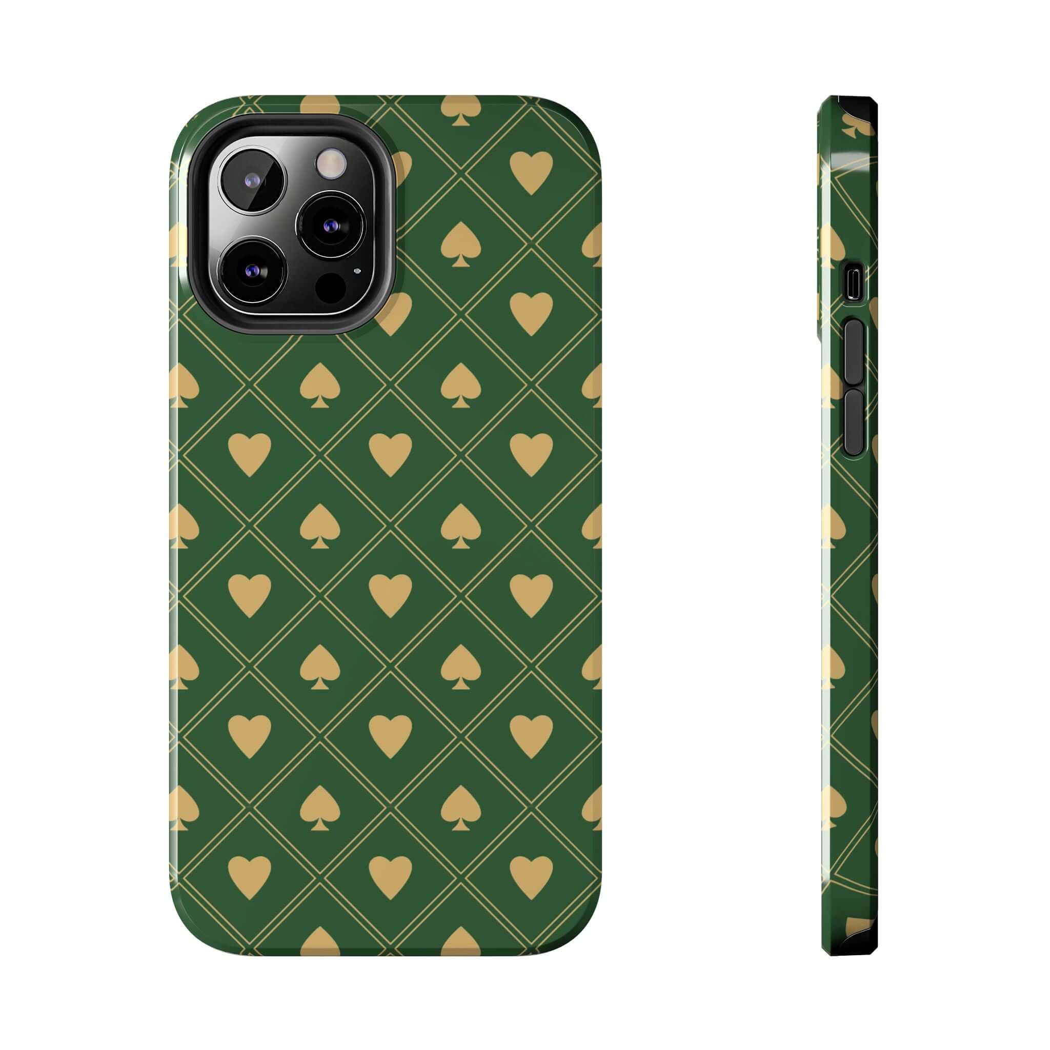 Cute Royal Flush green phone case with spades design, perfect for iPhones and Samsung phones, offers stylish protection and free shipping