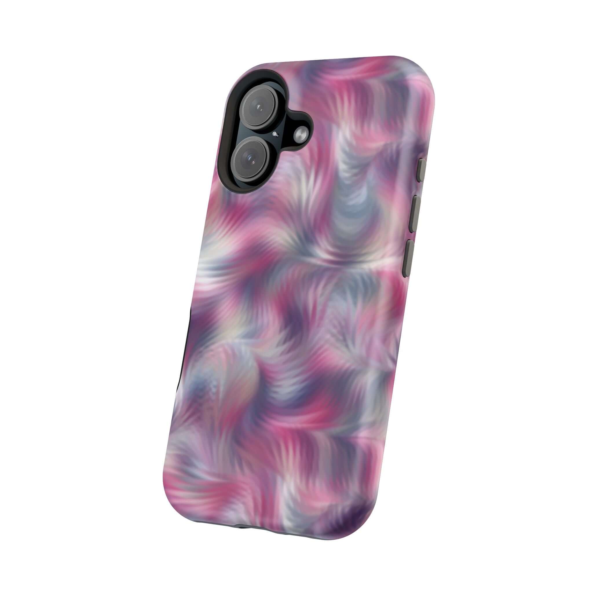 Purple Abstract MagSafe iPhone Case with tie dye swirl design, cute and quirky phone cover for a playful personality.