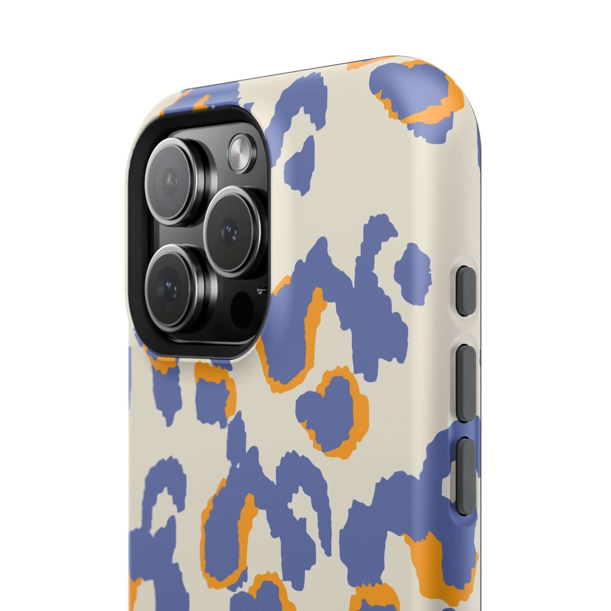 Colorful iPhone case with blue and orange leopard print, MagSafe compatible, cute and abstract design for stylish phone protection.