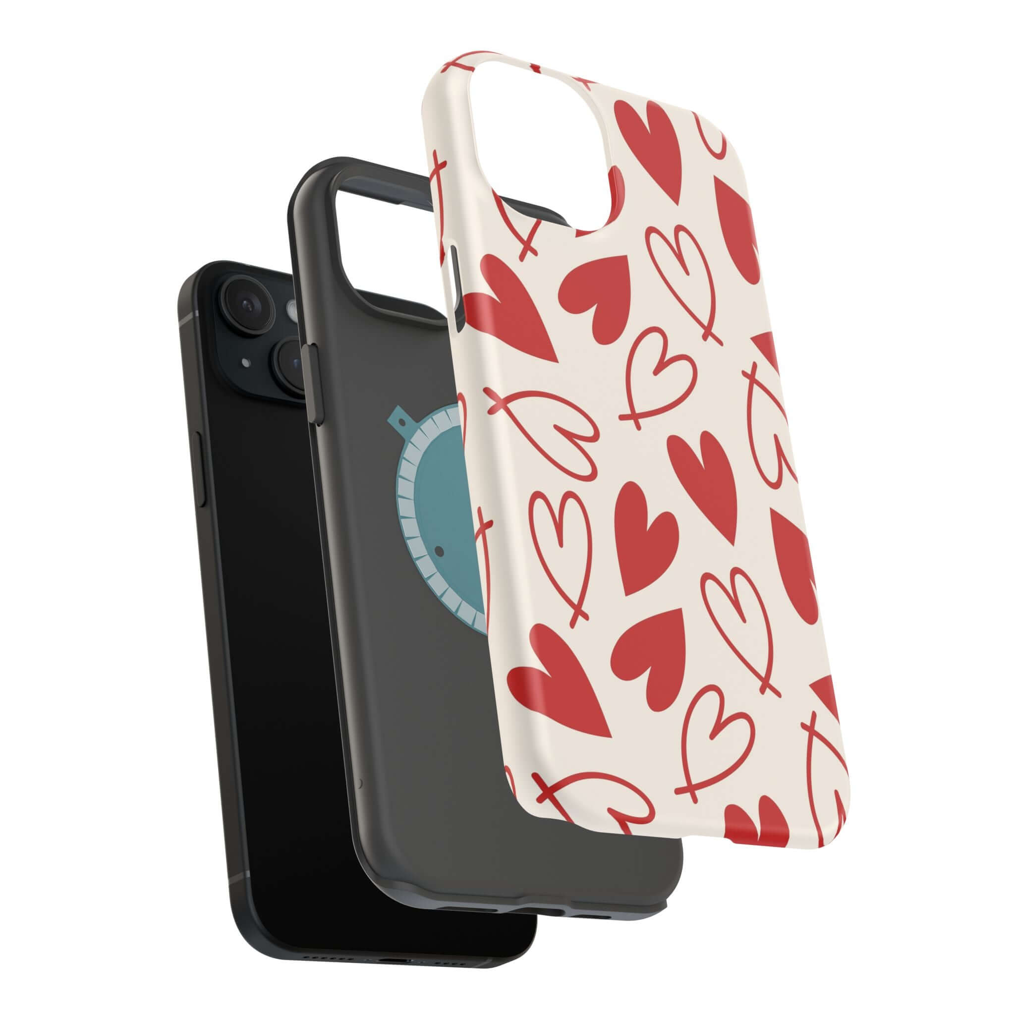 Cute iPhone cover with red hearts design, showcasing protective and playful Be Mine case.