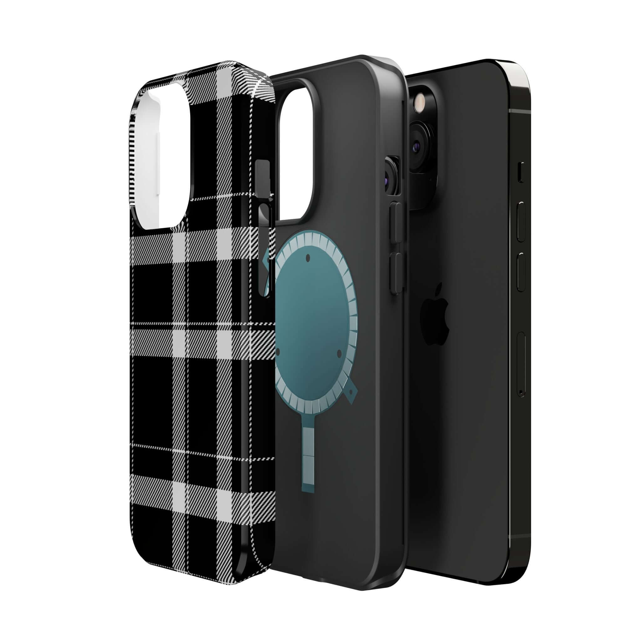 Stylish black plaid phone case alongside sleek black iPhone cases, perfect for a cute and trendy look.