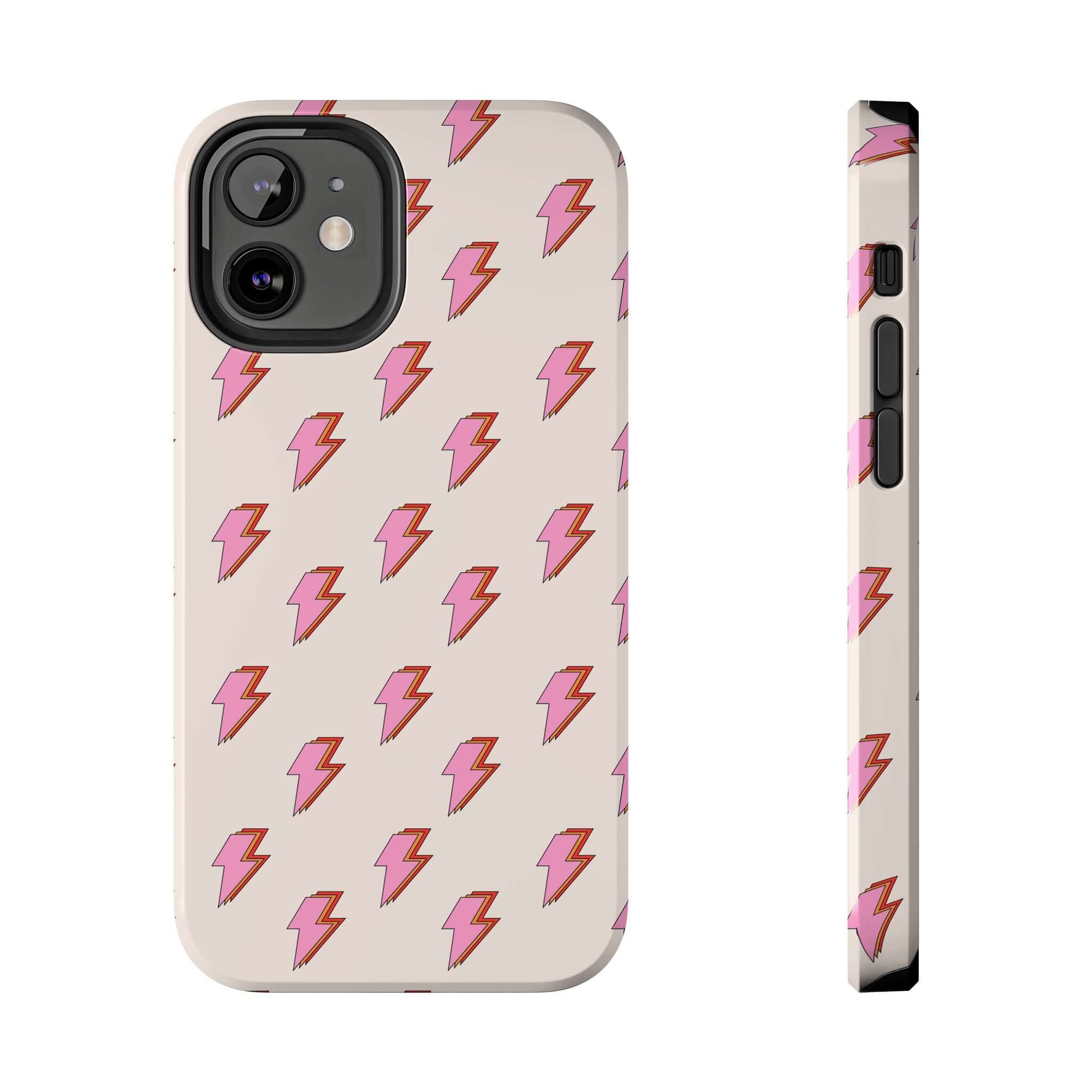 Cute iPhone case for iPhone 14 and iPhone 15 featuring pink lightning bolts, retro design, and free shipping on stylish phone protection.