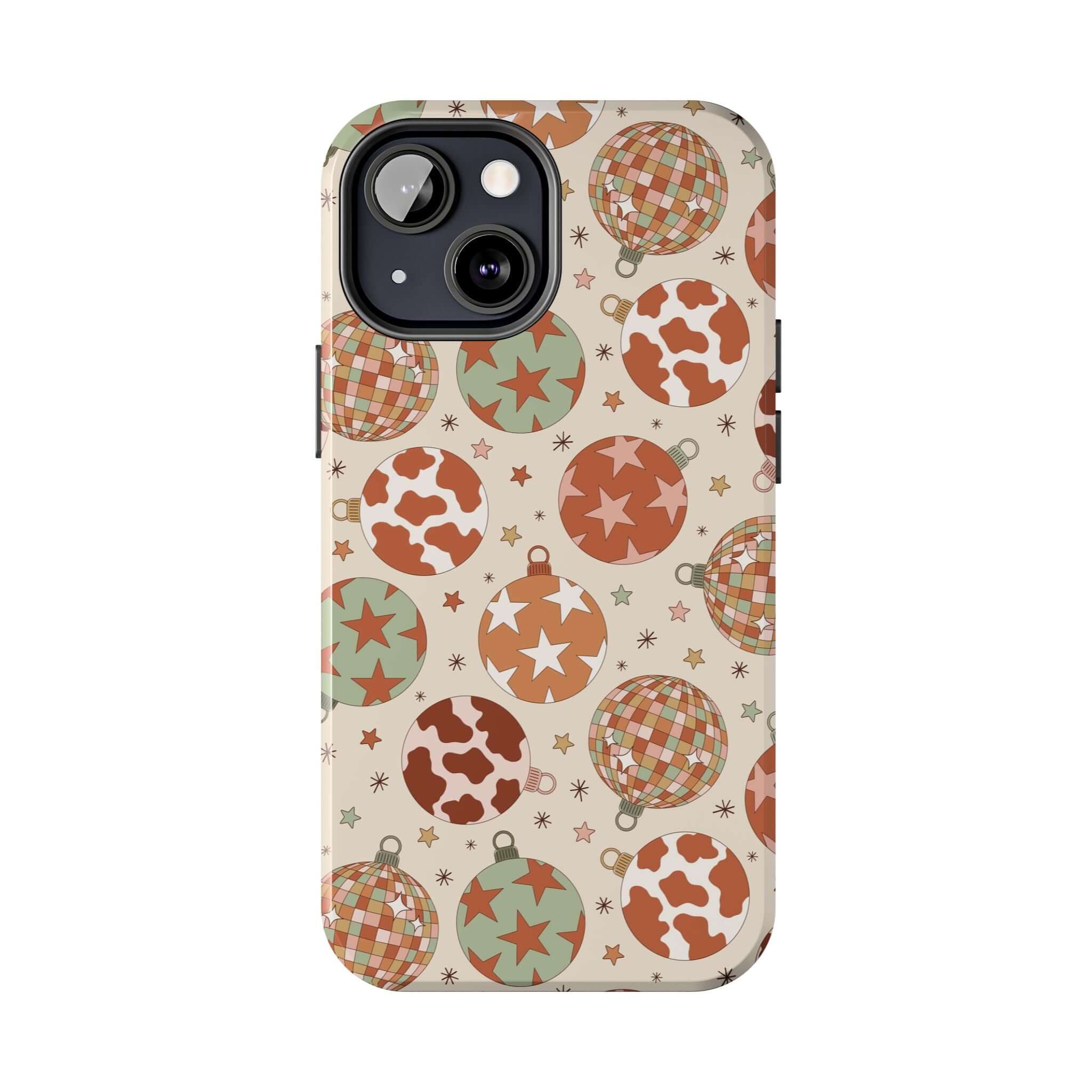 Cute iPhone case with colorful cowgirl Christmas ornaments pattern, perfect holiday gift or accessory.