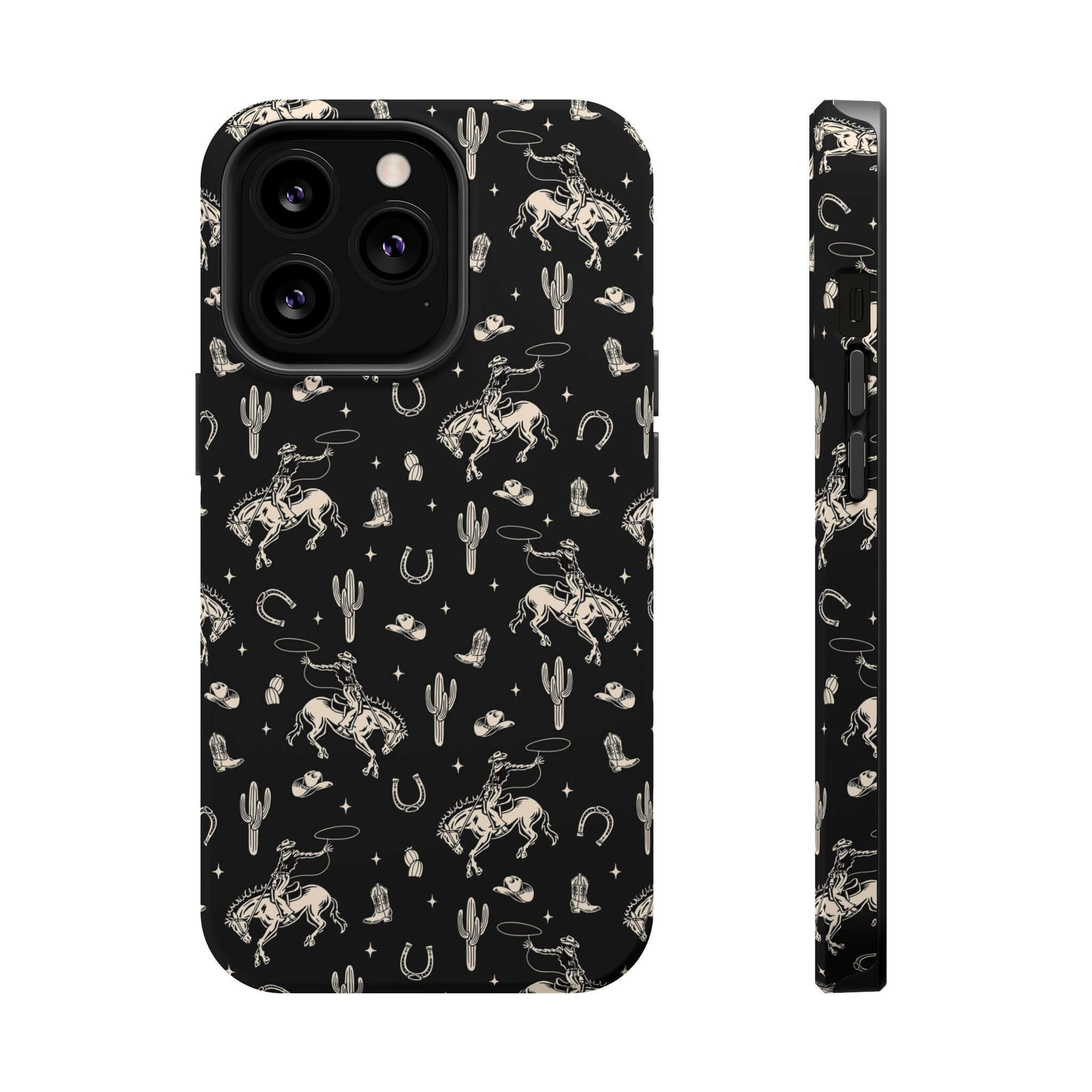 Cute black western iPhone case with cowgirl and flower designs, perfect for stylish protection with free shipping.