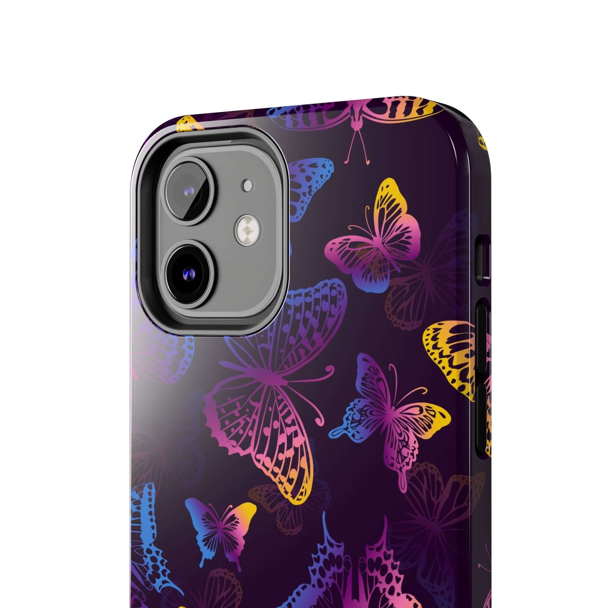 Midnight Flutter black MagSafe iPhone case with colorful butterfly design, cute phone cover for floral and butterfly lovers.