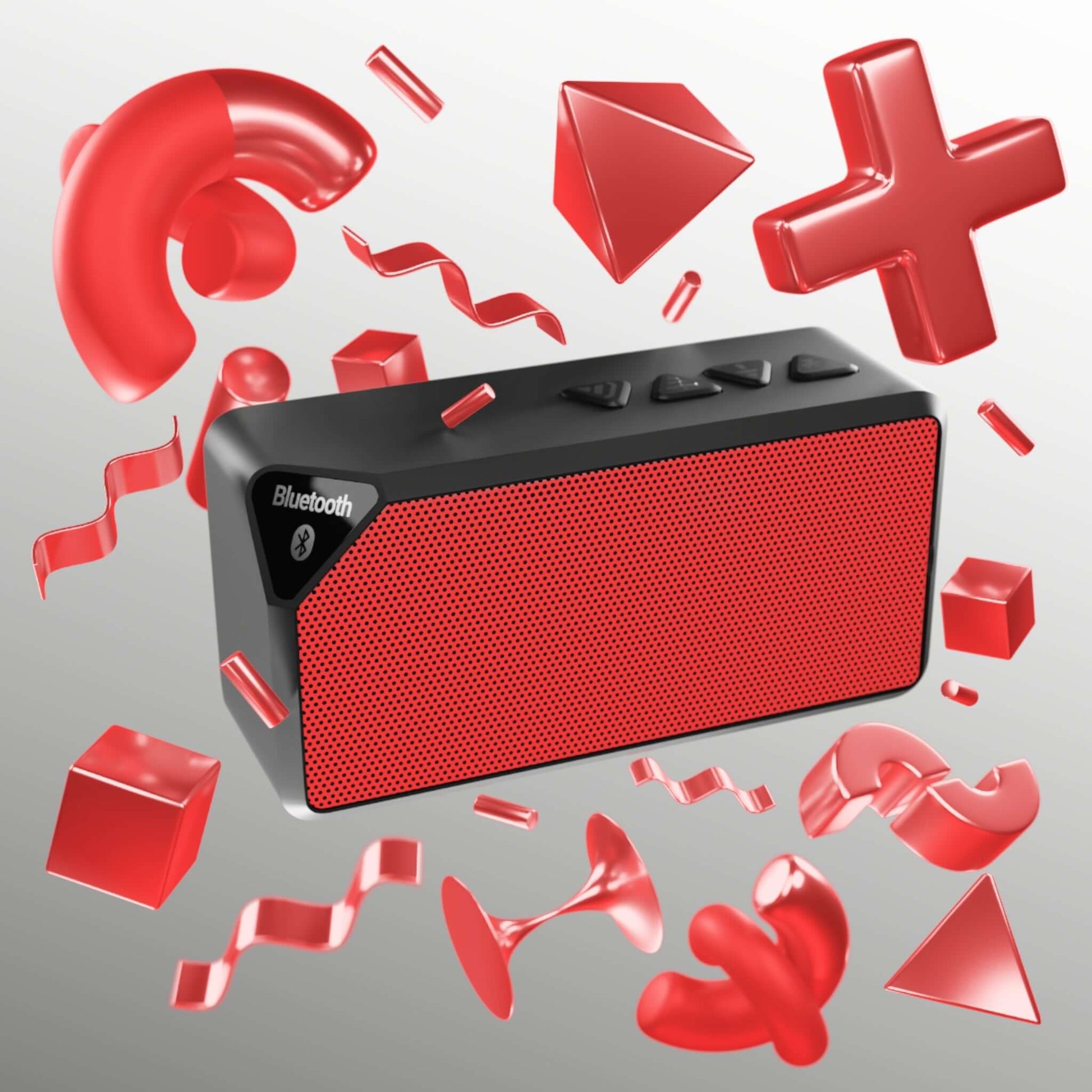 Red Bluetooth speaker surrounded by festive red shapes, ideal for holiday vibes. Durable design with extended 33 feet Bluetooth range.